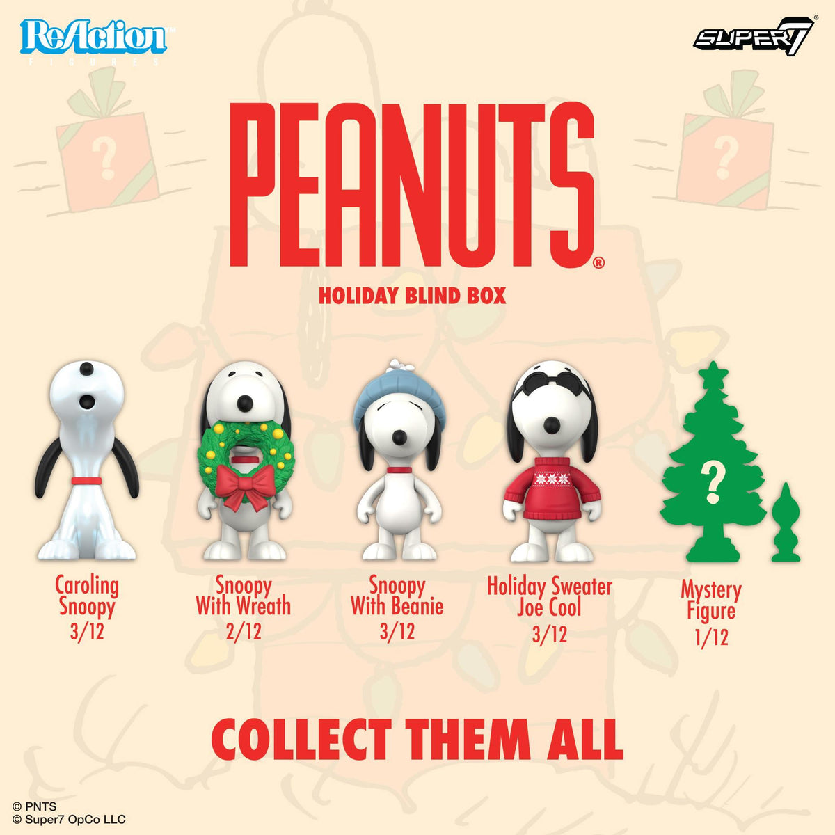 Flat lay of Peanuts ReAction Wave 11 Holiday Blind Box packaging on a beige background