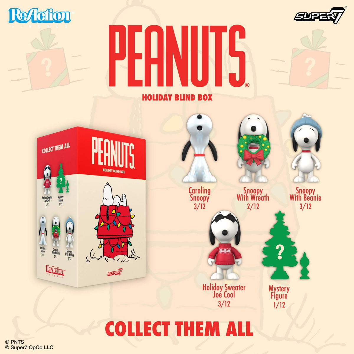 Individual blind box layout with several Peanuts figures in holiday outfits and the red box nearby