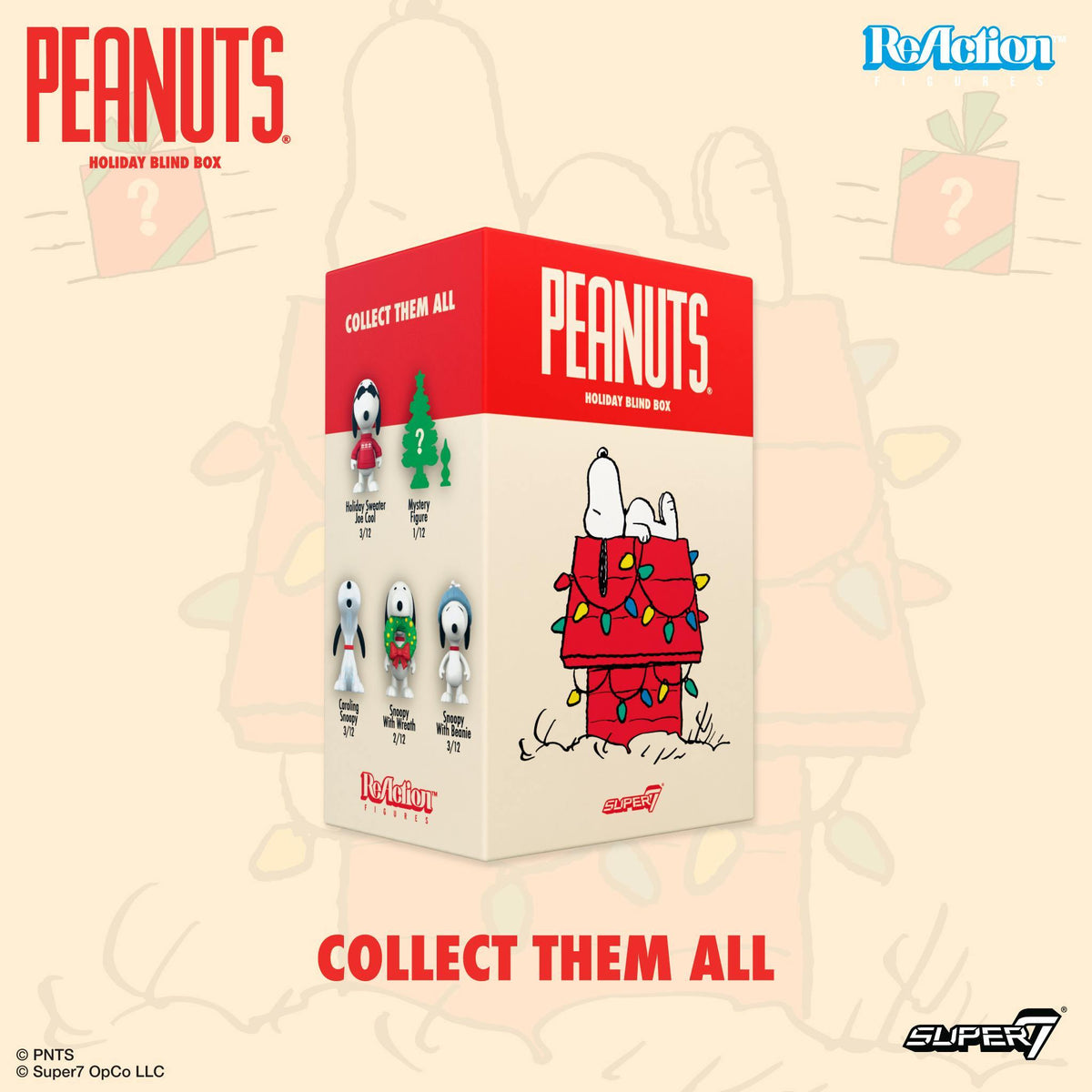 Peanuts ReAction Wave 11 Snoopy Holiday blind box packaging with Collect Them All text