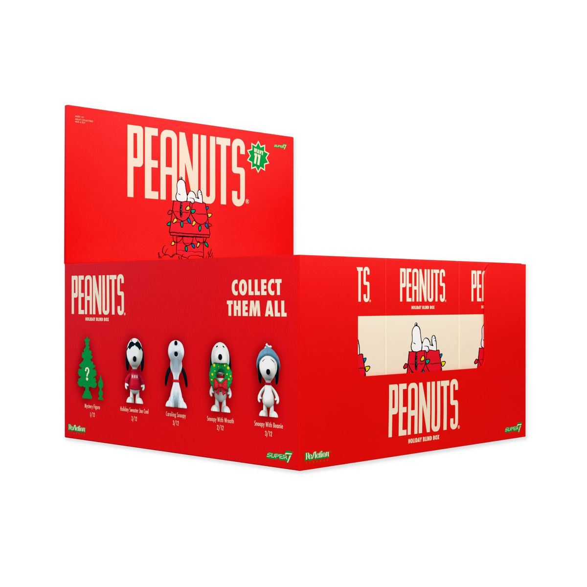 Red Peanuts ReAction Wave 11 Holiday blind box packaging on display.
