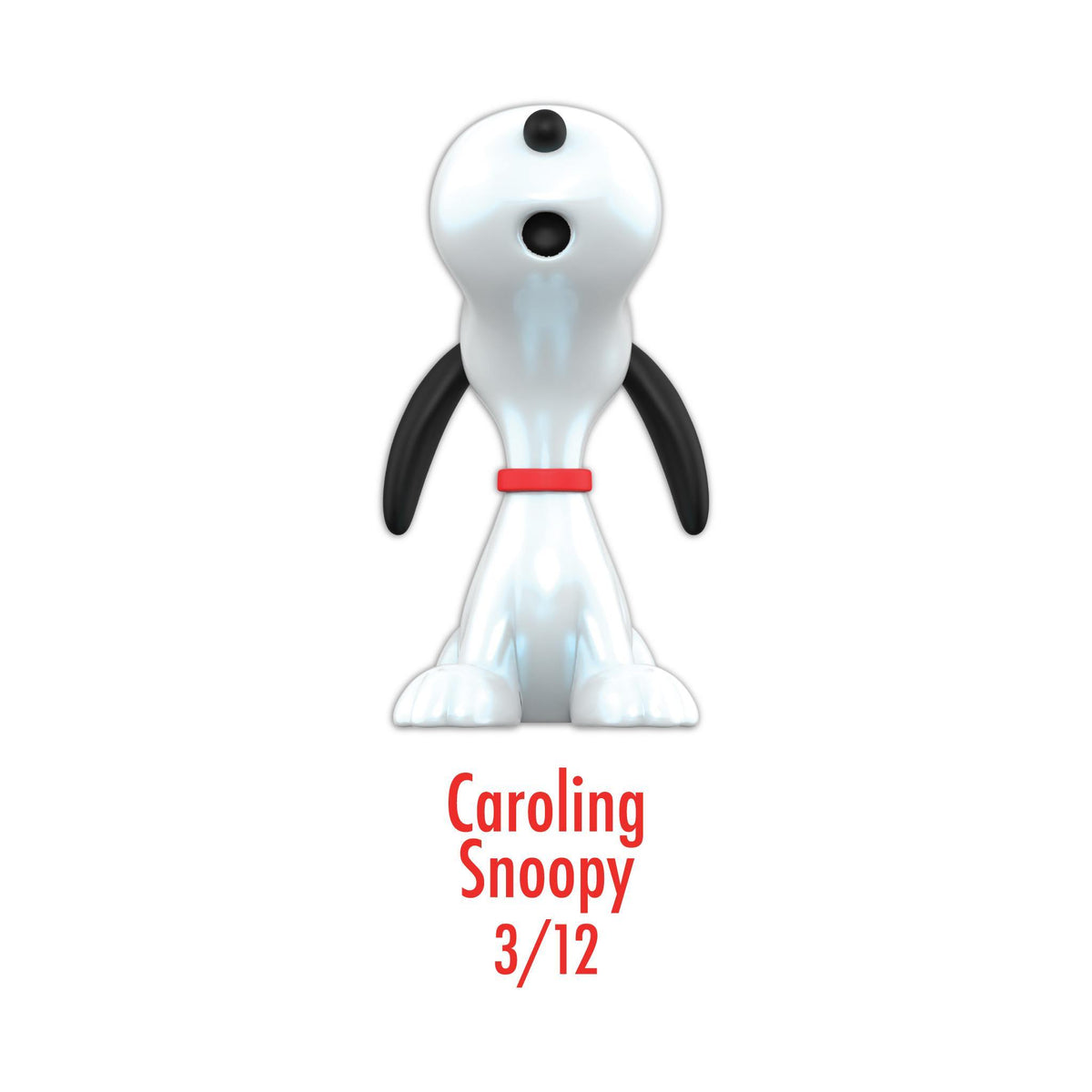 Caroling Snoopy with a green wreath and red bow ready to sing