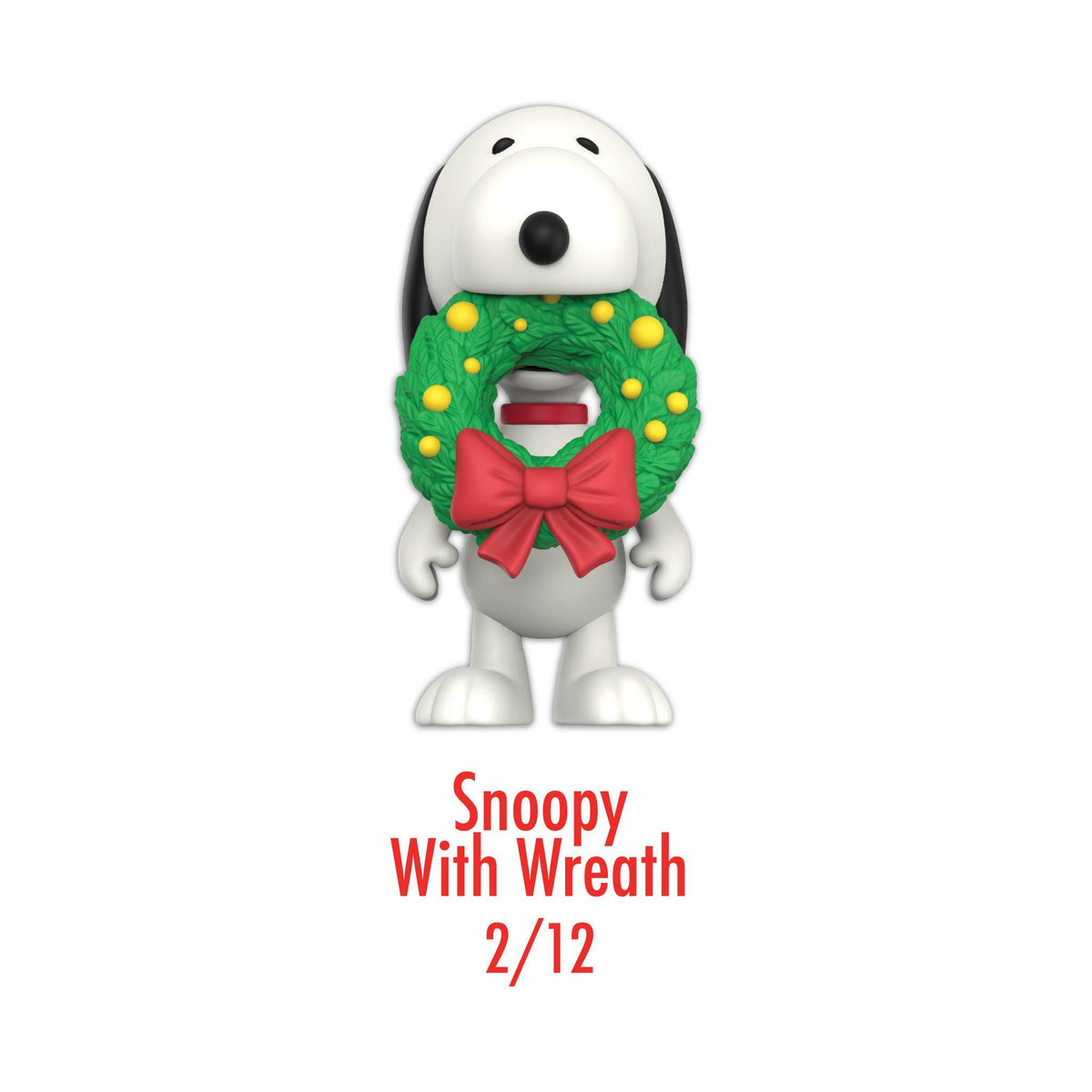Snoopy head wearing a green holiday wreath with yellow ornaments