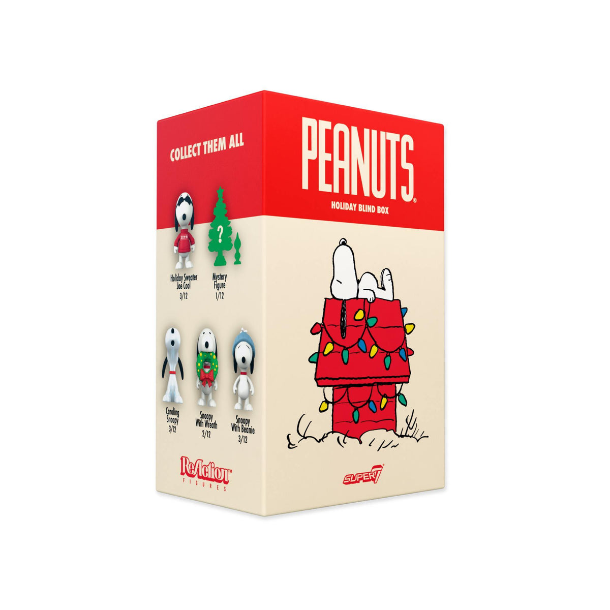 Peanuts ReAction holiday blind box packaging in red and beige featuring Snoopy figures and a decorated Christmas tree