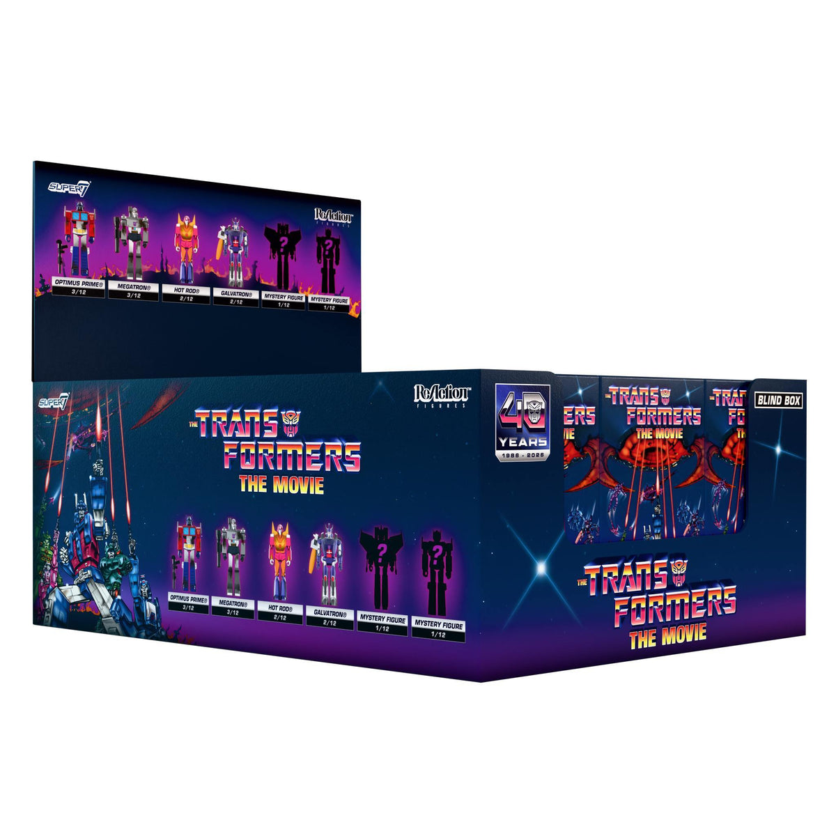 Transformers The Movie 40th Anniversary ReAction Blind Box retail display with 40 Years logo