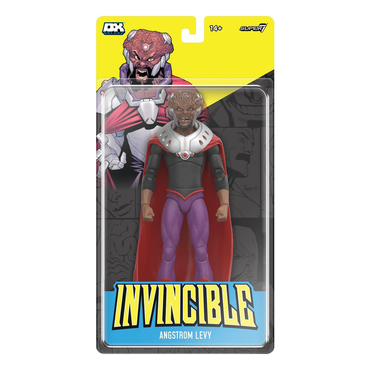 Front view of Invincible Angstrom Levy DX Deluxe action figure in blister card packaging