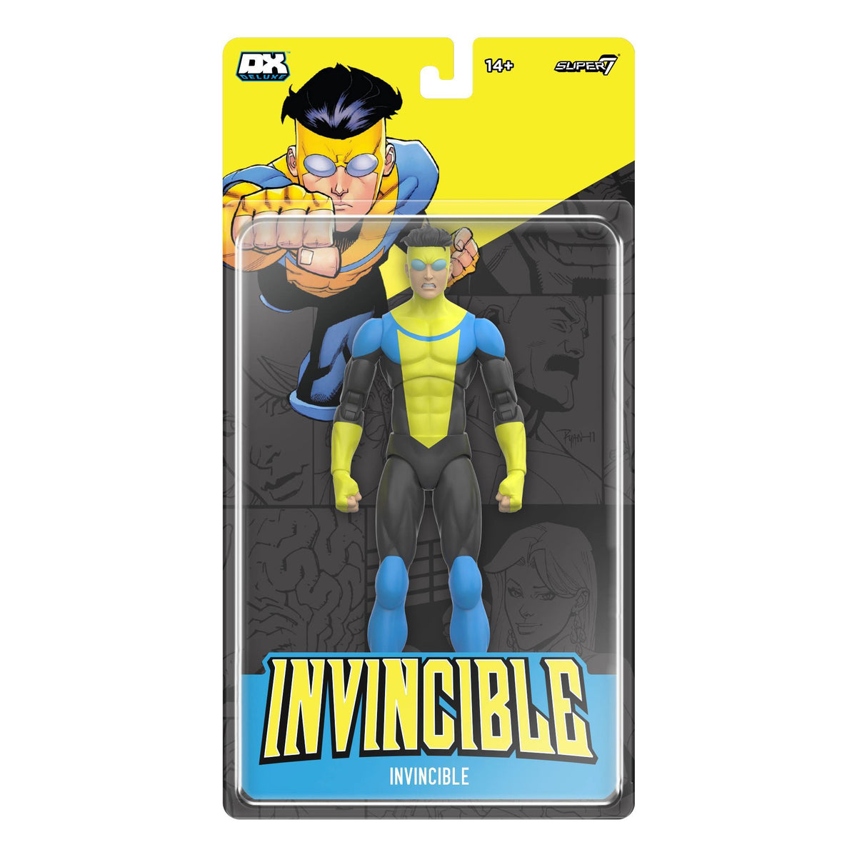 Front view of Invincible DX Deluxe action figure in blister card packaging