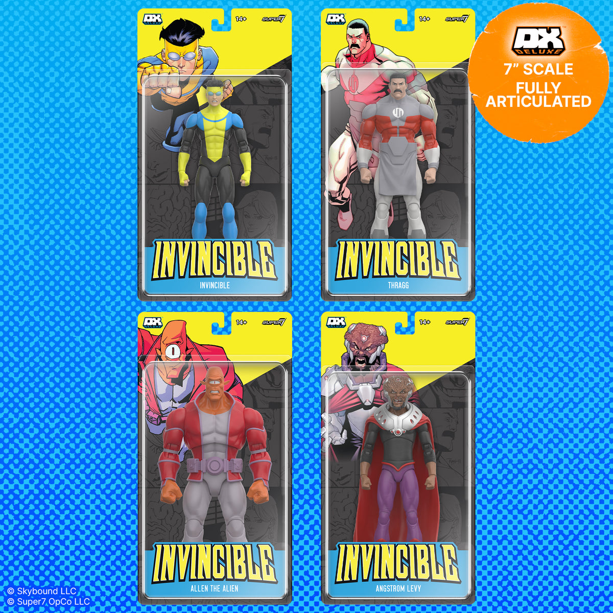 Invincible Deluxe Wave 01 blister packs show Invincible and Allen the Alien on the left and Angstrom Levy with Thragg on the right.