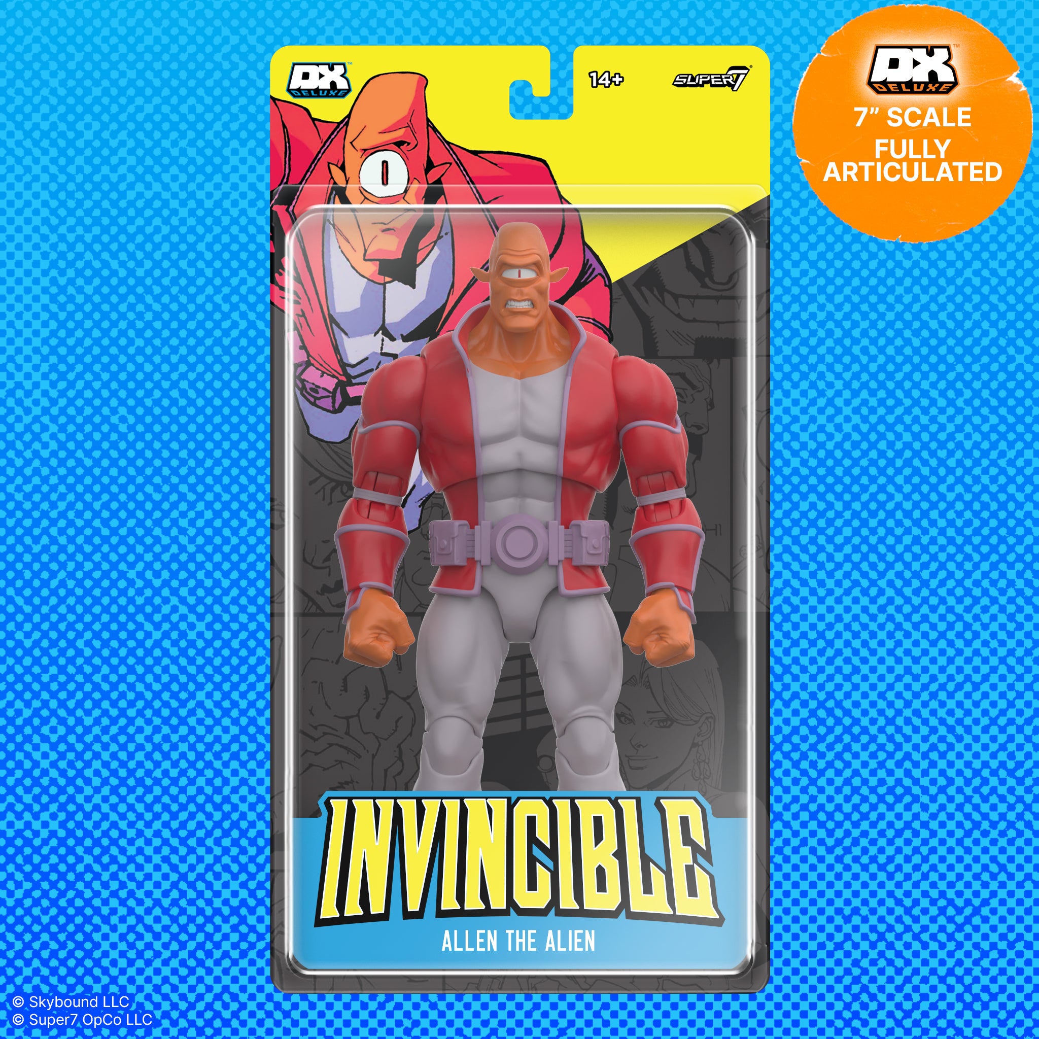 Allen the Alien 7 inch action figure in bright yellow packaging for Invincible Deluxe Wave 01 with blue dotted background