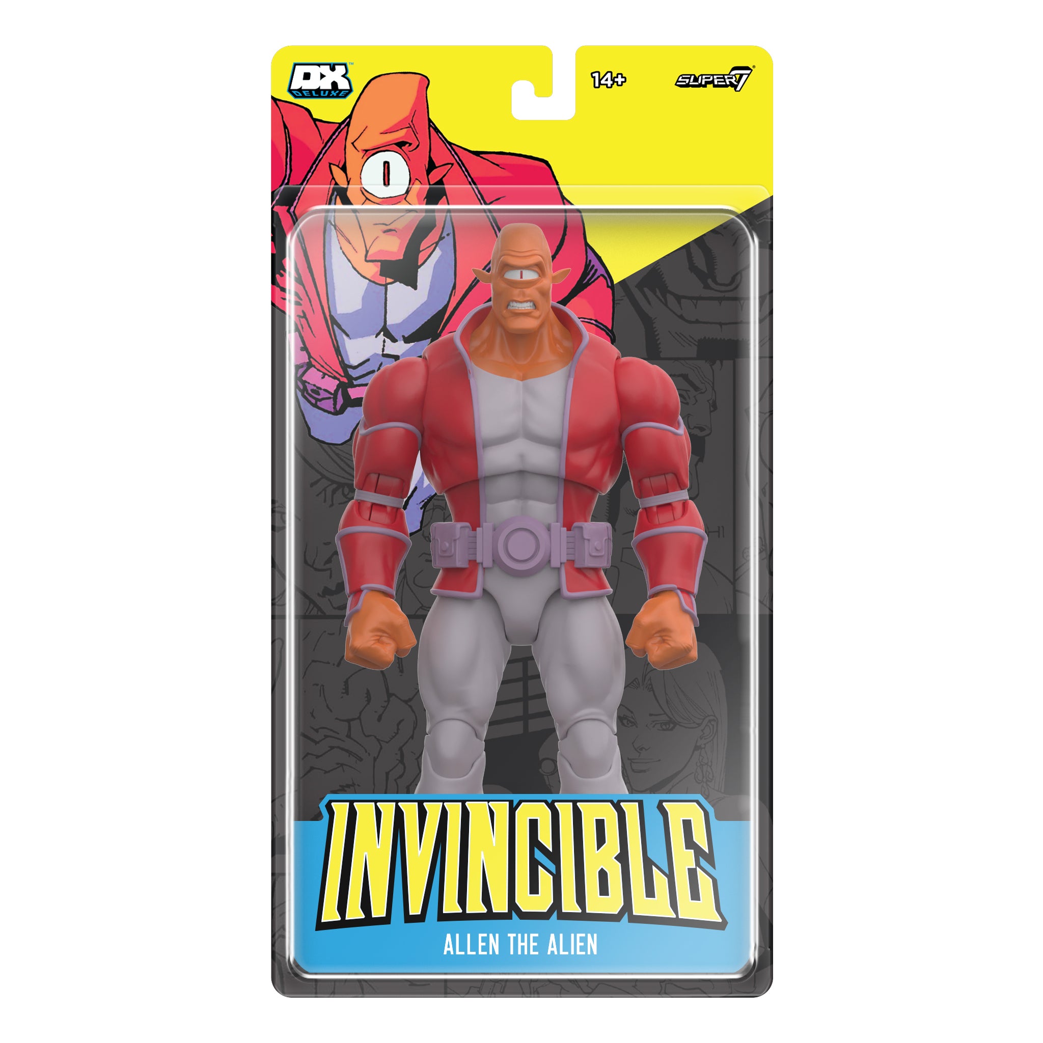 Front view of Invincible Allen the Alien DX Deluxe action figure in blister card packaging