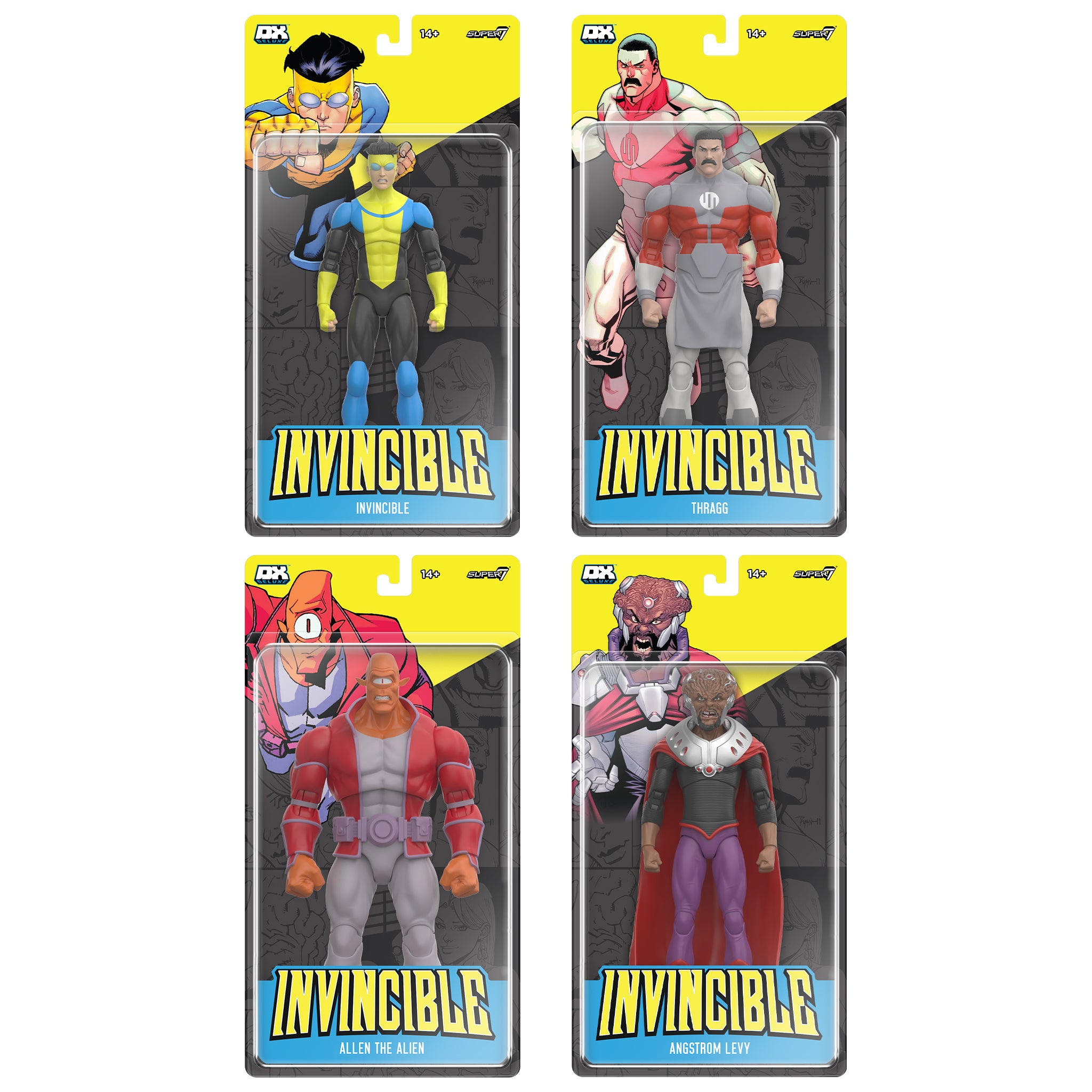 Deluxe Wave 01 Invincible action figure packaging featuring Invincible and Allen the Alien on the left and Thragg and Angstrom Levy on the right