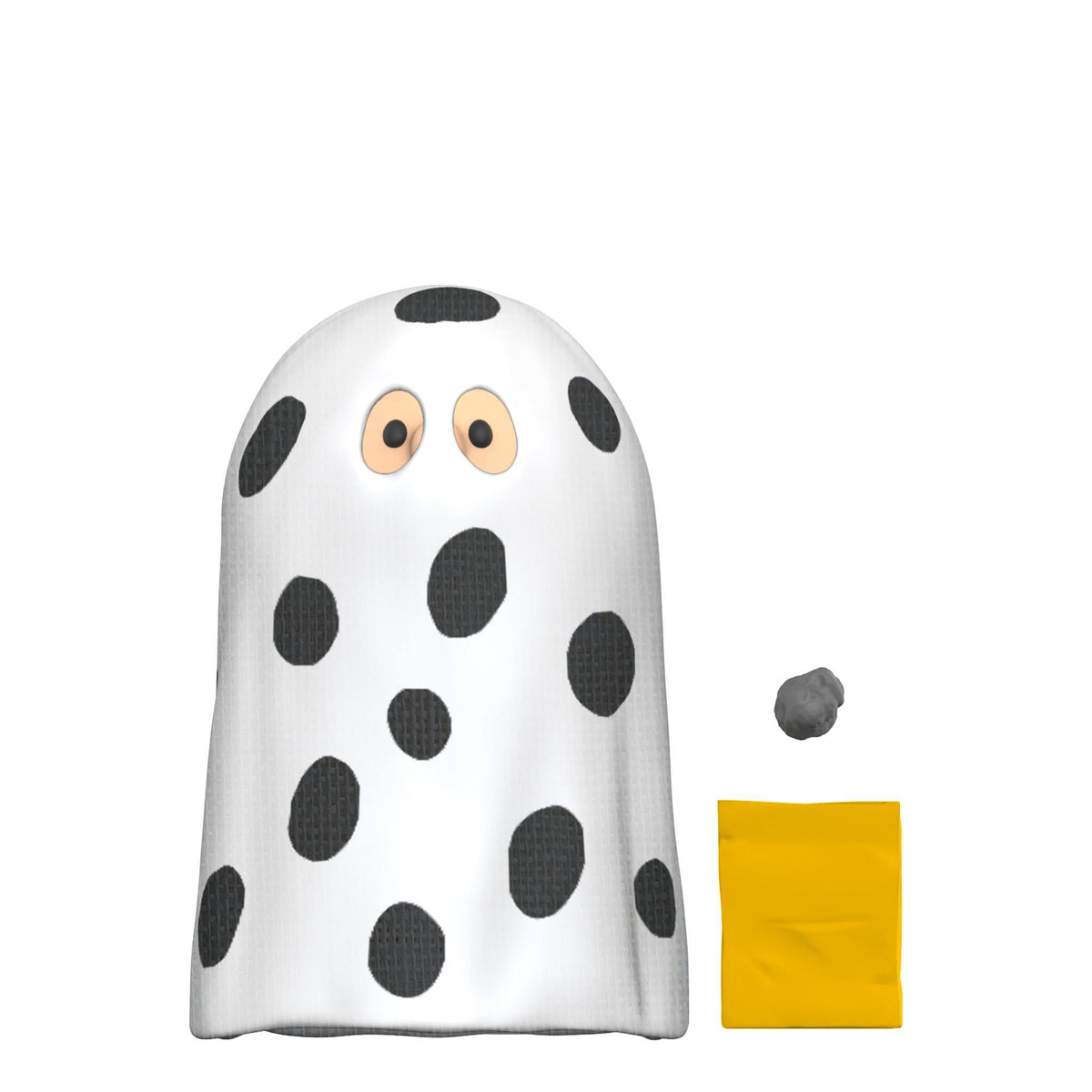 Close up of the ghost sheet with black polka dots and a Charlie Brown figure in yellow on the packaging