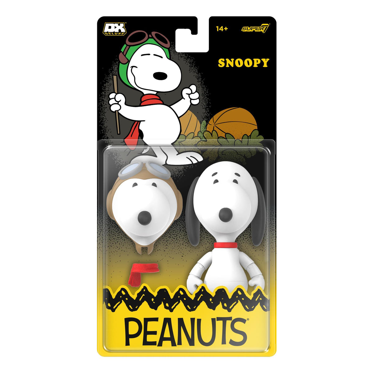 Snoopy in flight gear with helmet and goggles on a black packaging card