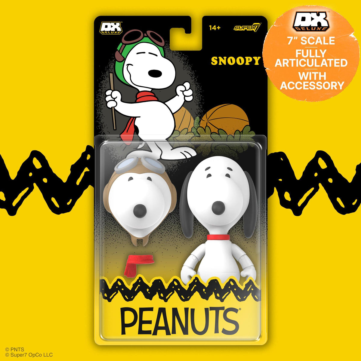 Peanuts Deluxe Wave 01 package featuring Snoopy and friends in blister under a bright yellow PEANUTS label