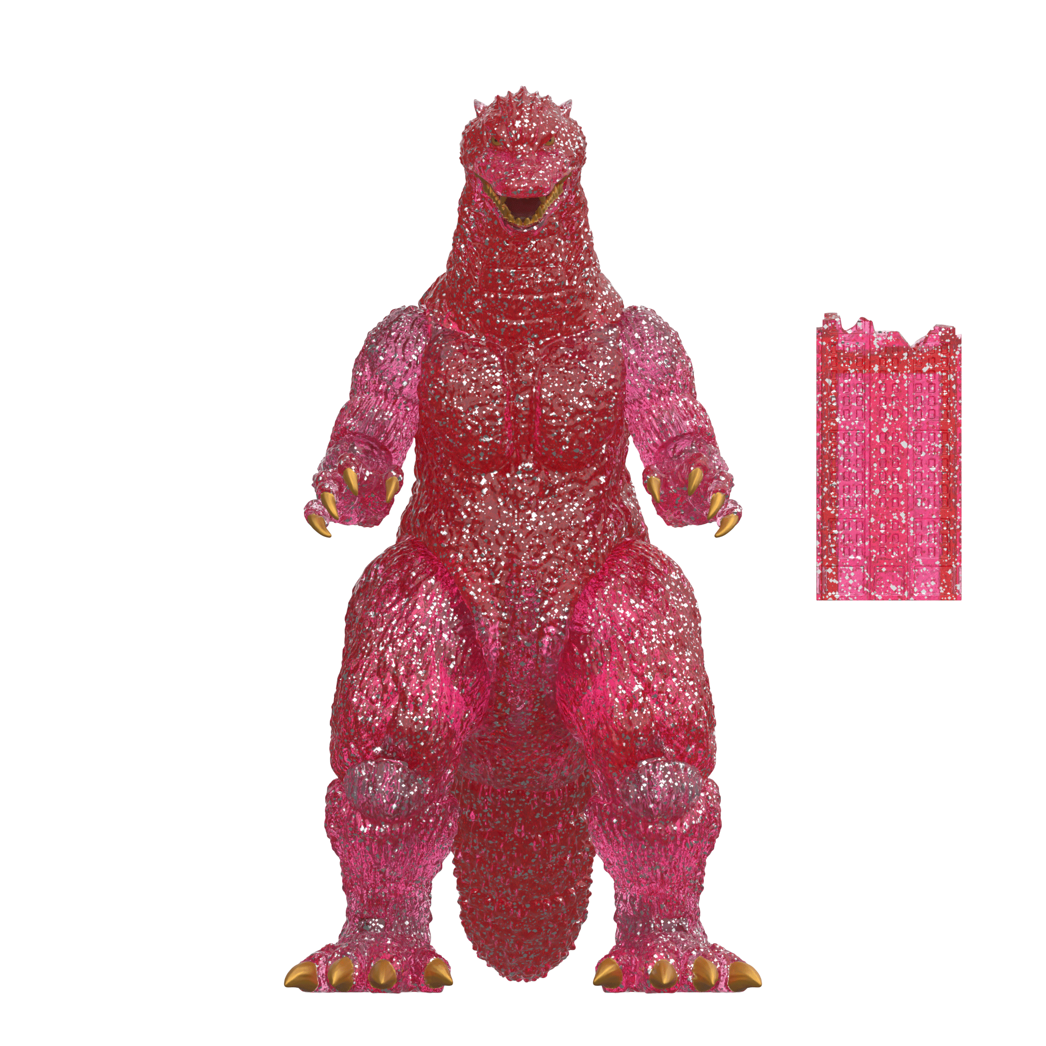 Godzilla Color Shock Clear Pink Glitter action figure standing upright with mouth open.