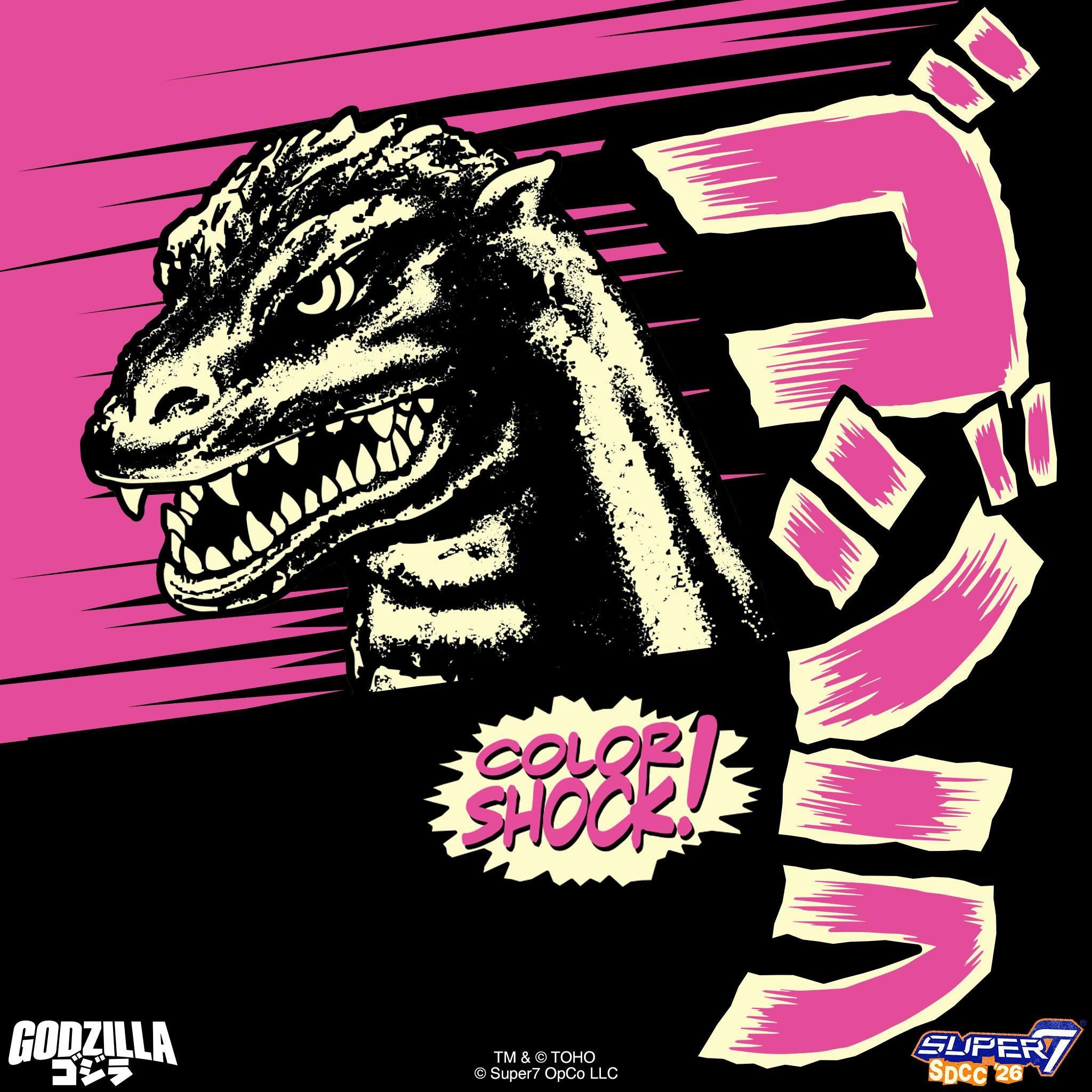 Color Shock Godzilla packaging art in pink and black with roaring head illustration