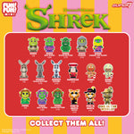 Shrek FUN MINI Wave 01 blind box flat with large SHREK text and a red panel of characters against a striped backdrop.