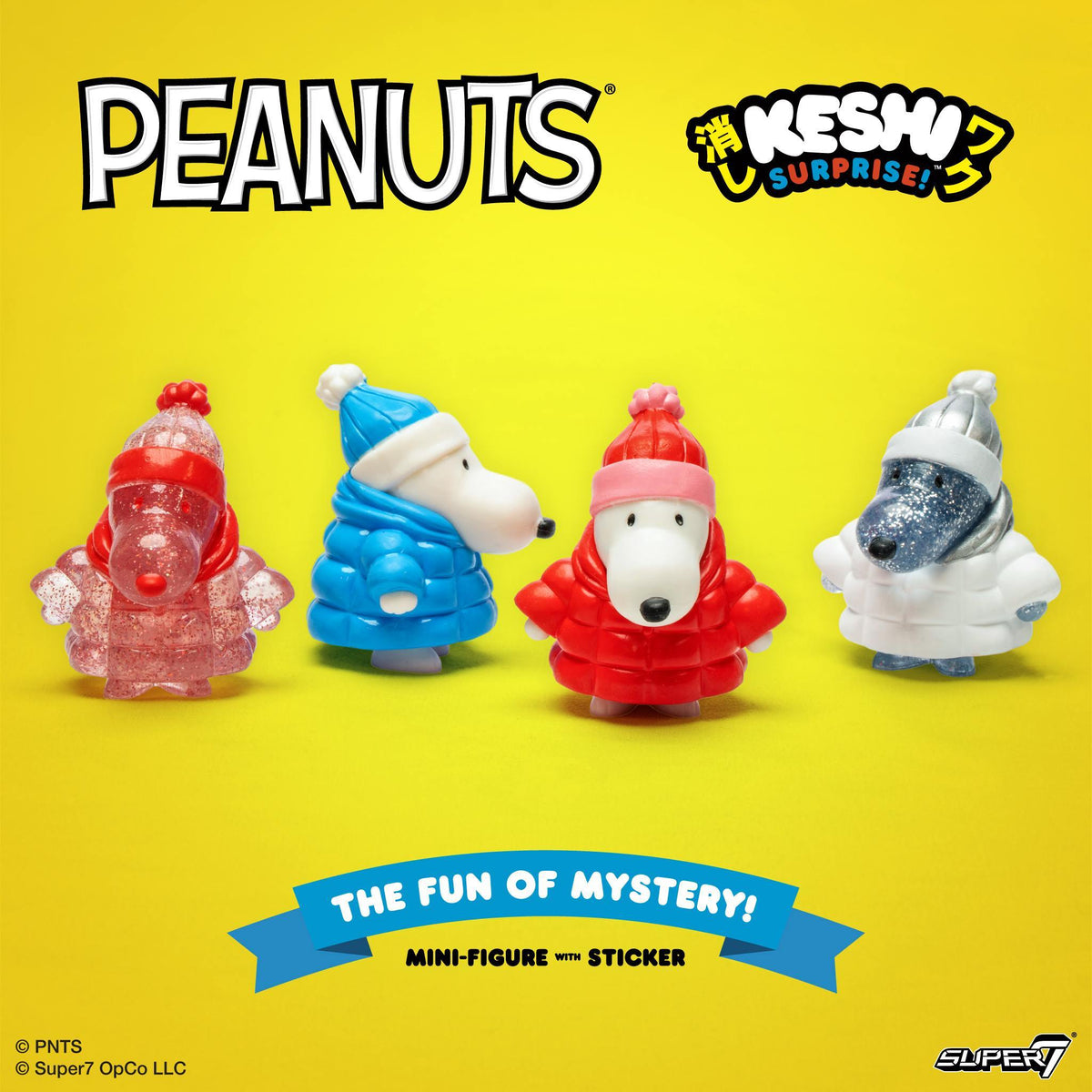 Peanuts Keshi Wave 04 Puffy Coat mini figures in red blue white and silver coats on a yellow backdrop.