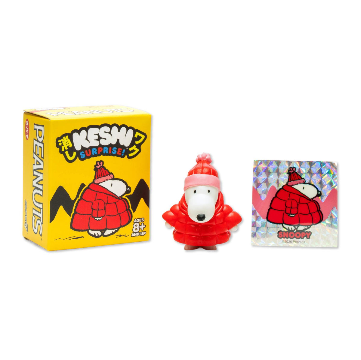 Yellow Peanuts Keshi Wave 04 Puffy Coat blind box packaging featuring Snoopy in a red coat.