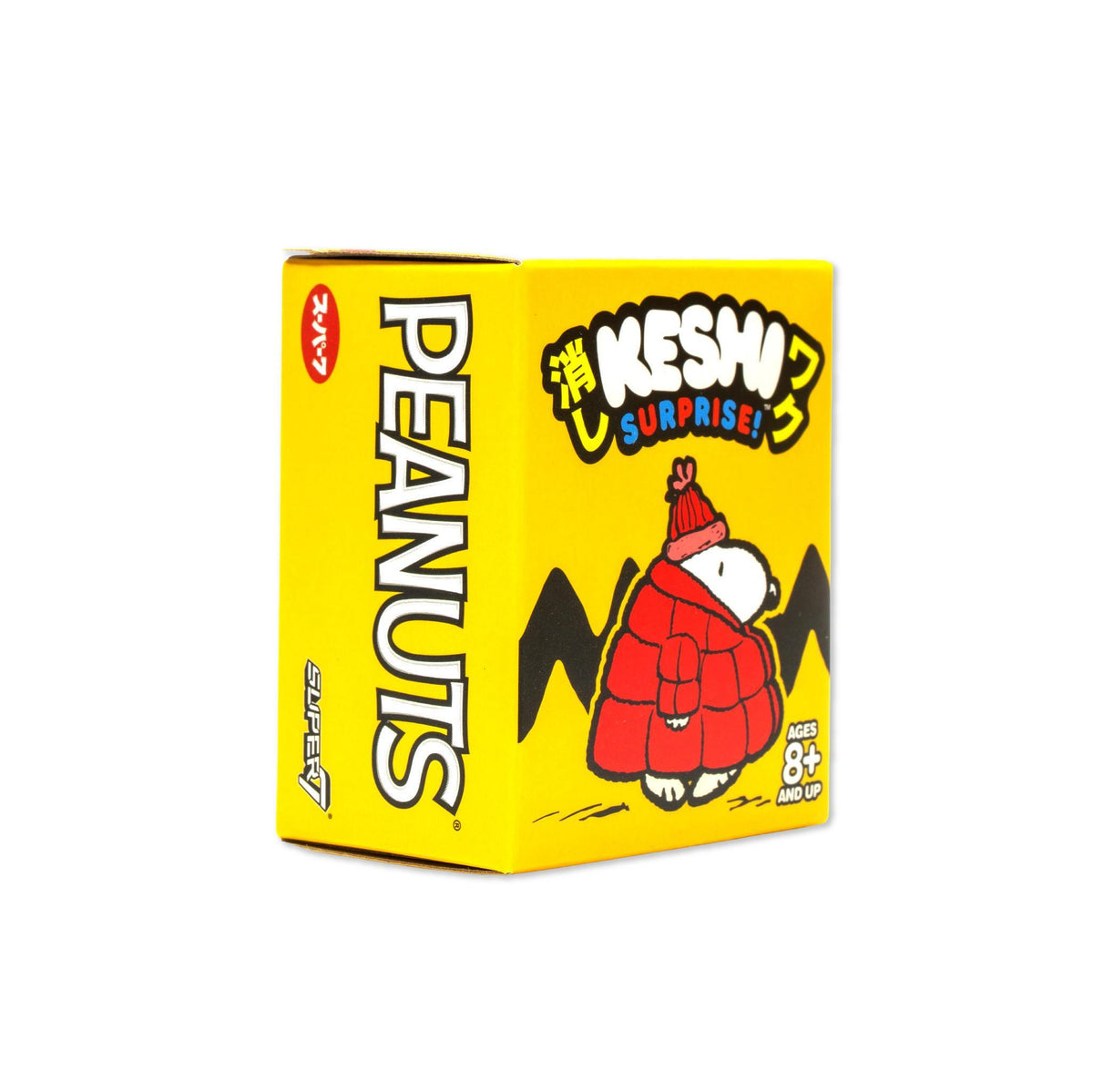 Front view of the Keshi Wave 04 blind box with Snoopy in a red coat and a holographic card.
