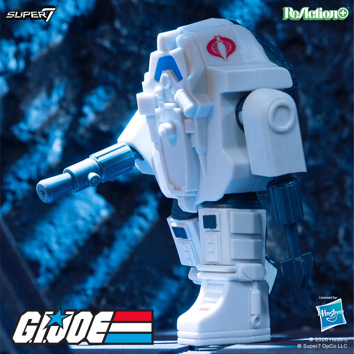 Snake Armor helmet in white with red Cobra emblem on blue background