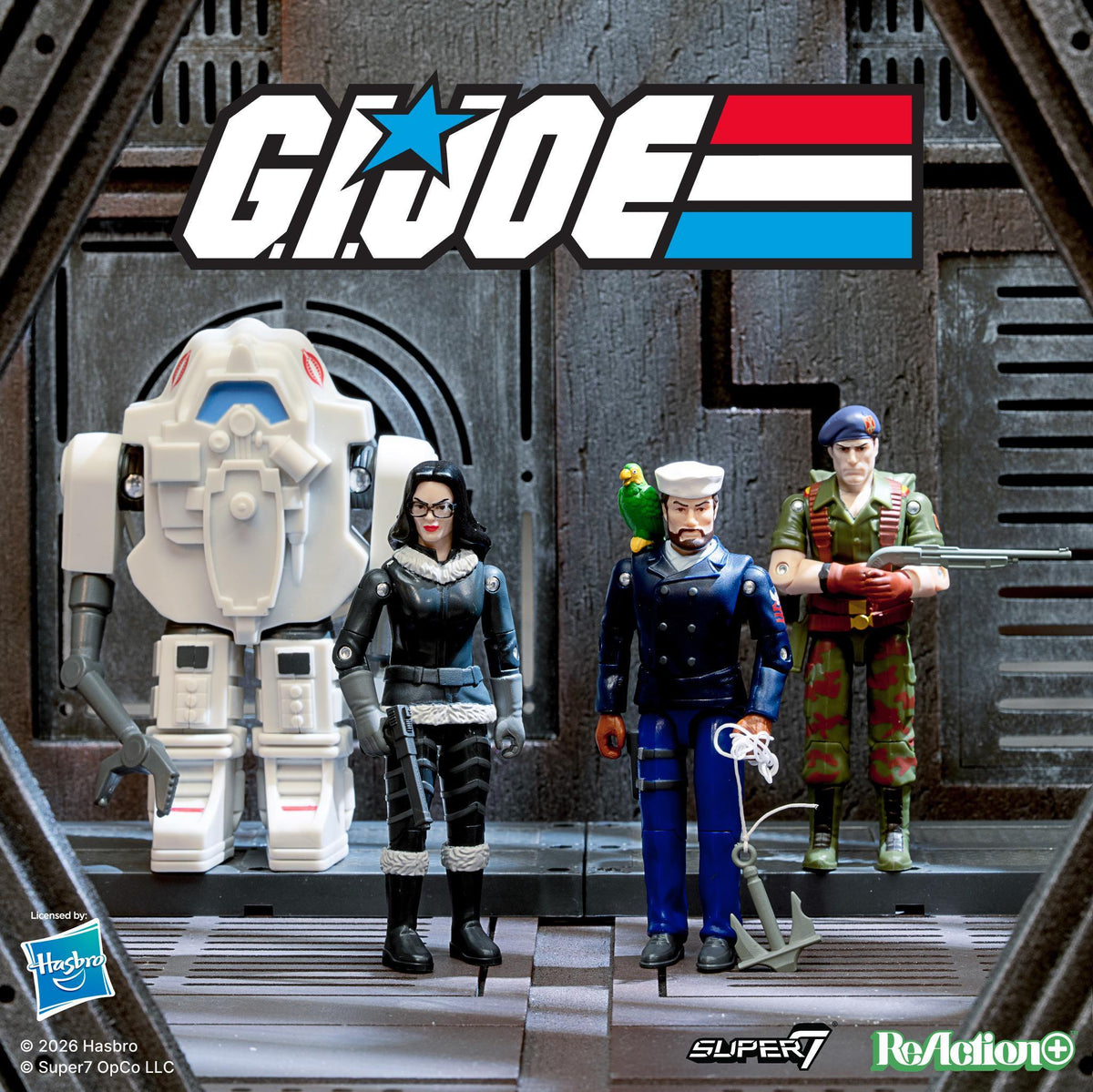 Wave 10 GI Joe ReAction Plus figures Flint Shipwreck Baroness and Snake Armor on display