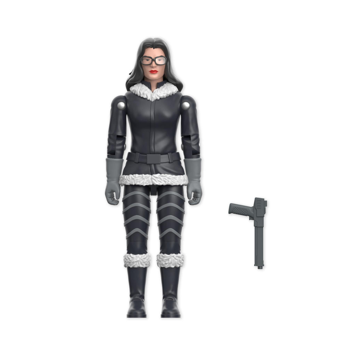 Baroness Arctic figure from G.I. Joe ReAction+ Wave 10 wearing a black fur trimmed coat and glasses with a pistol accessory