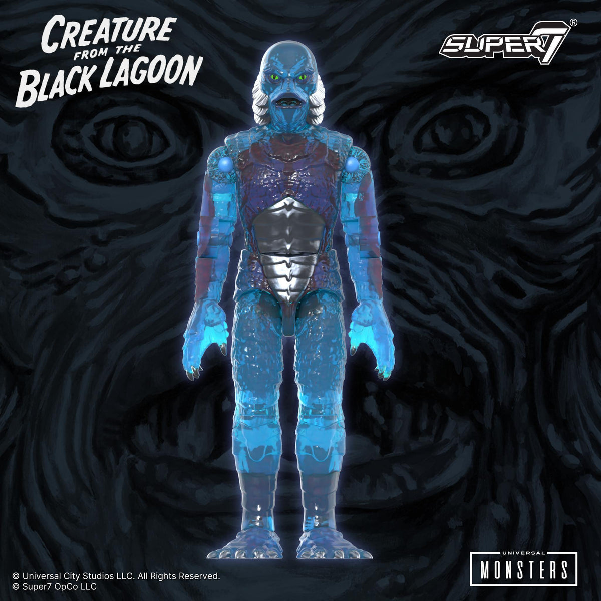 Clear blue Creature from the Black Lagoon ReAction+ figure by Super7 on a dark painted background of the Creature's face.