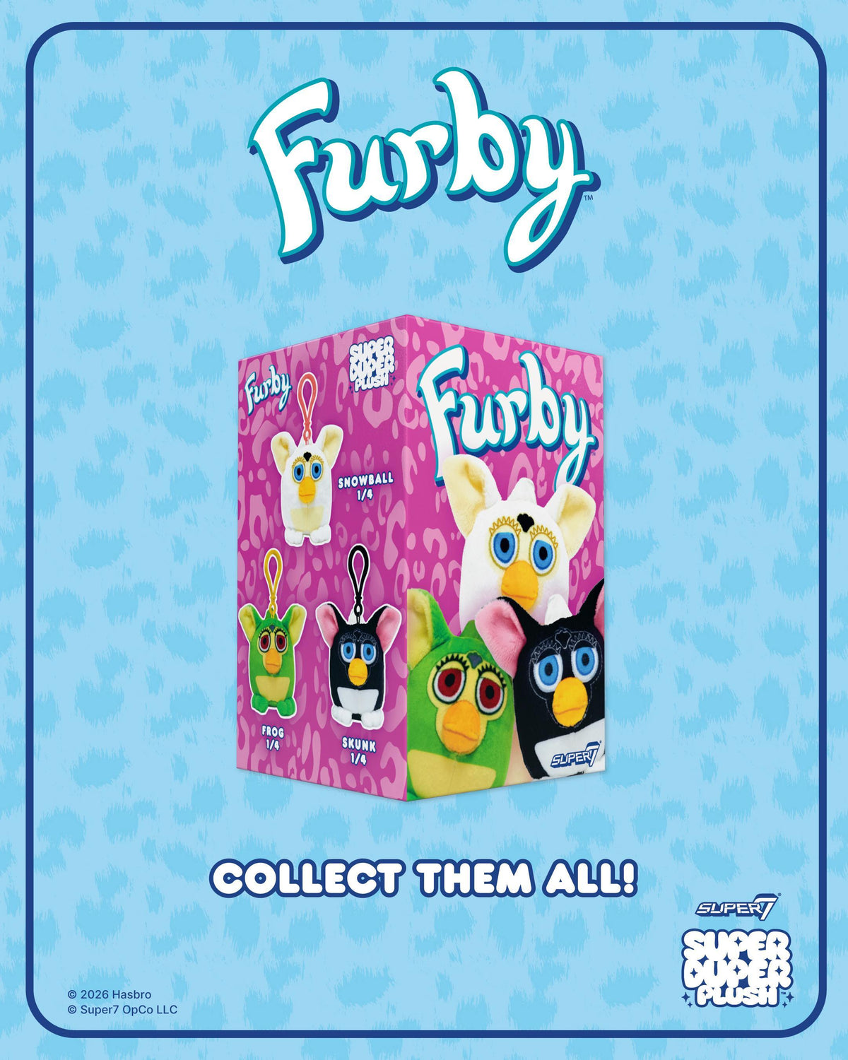Furby Super Duper Plush Wave 01 blue background display with the Furby logo and colorful plush characters.