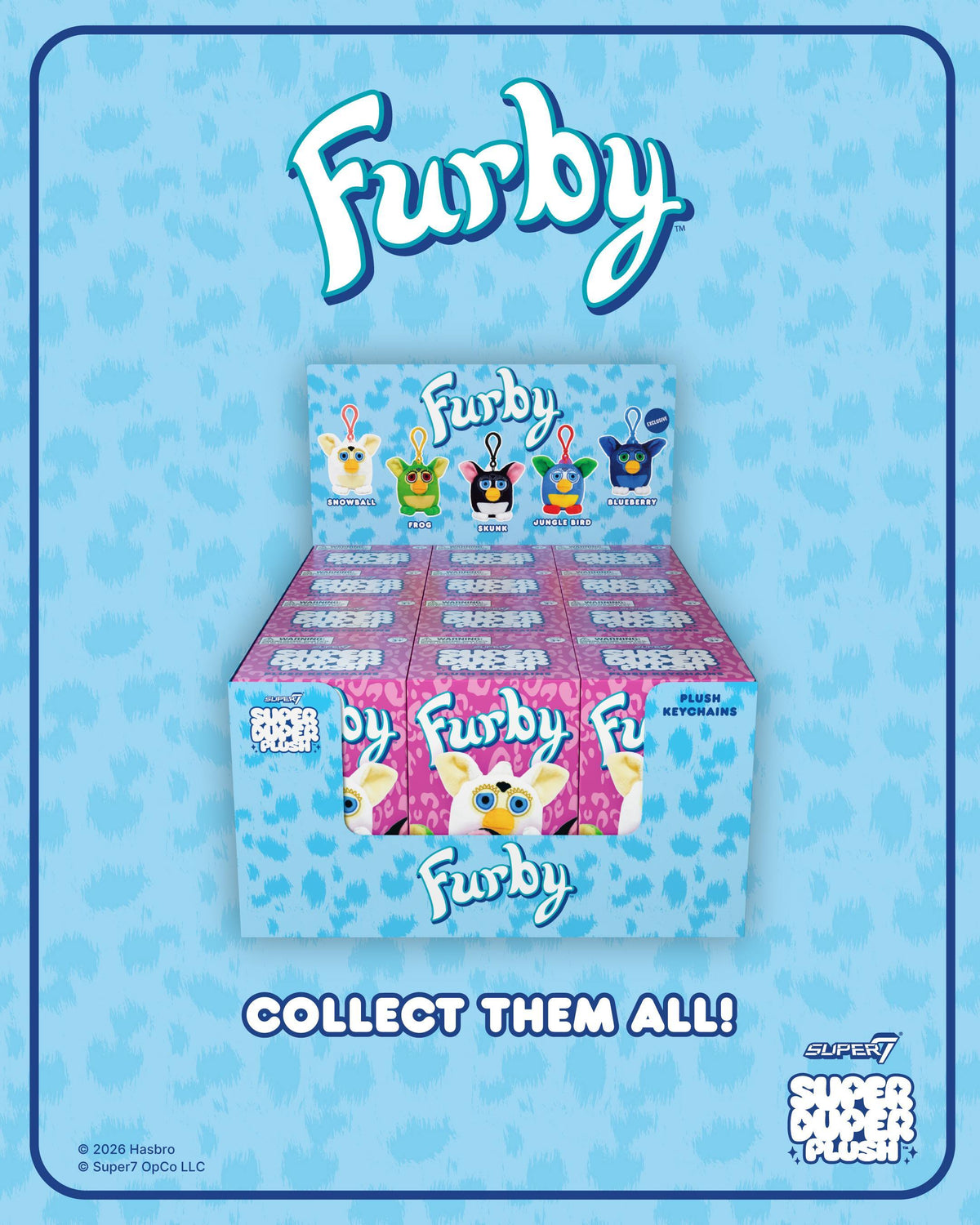 Blue Furby logo backdrop with display card showing Snowball Frog Skunk Jungle Bird and Blackberry