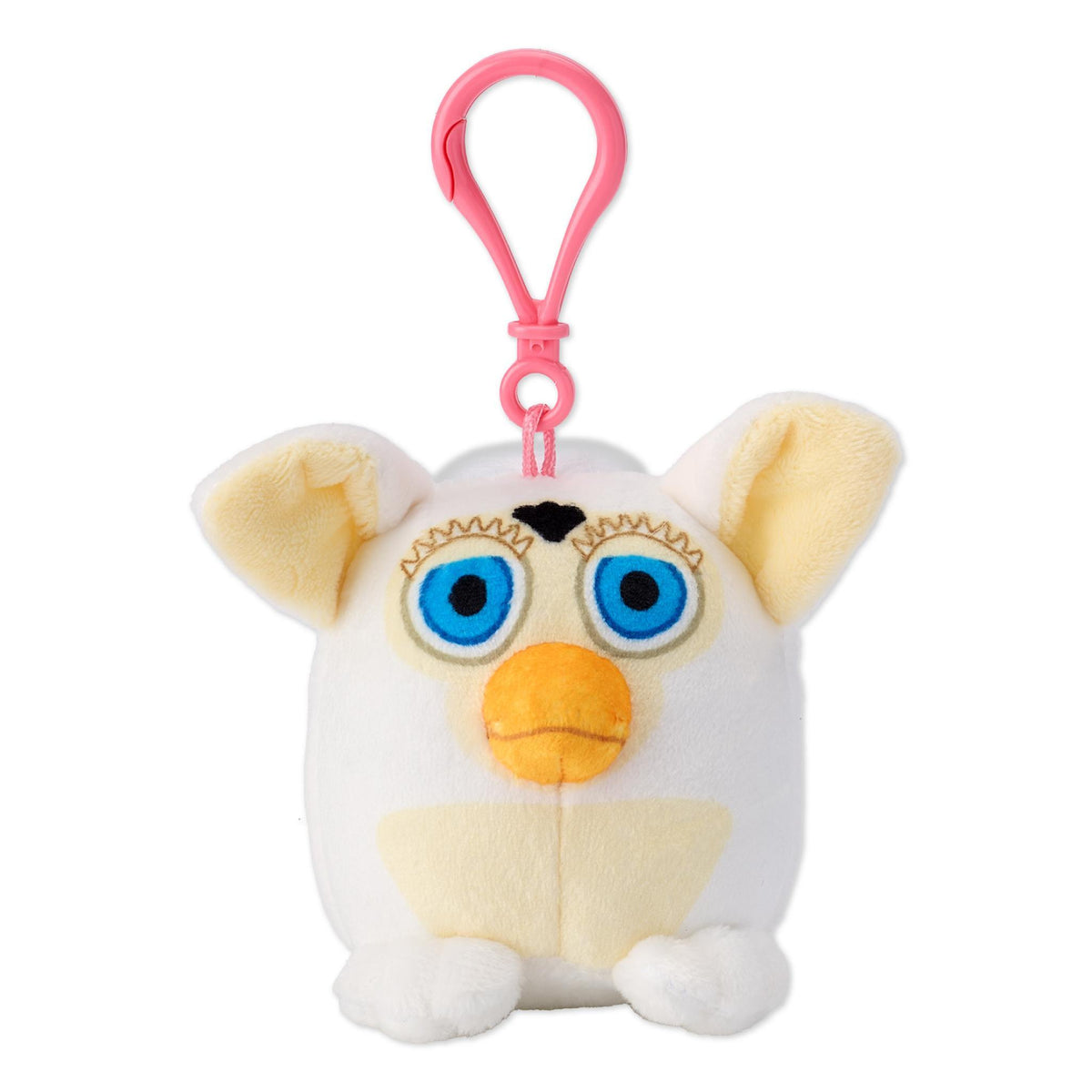 Pink hanging clip attached to a white Furby plush toy