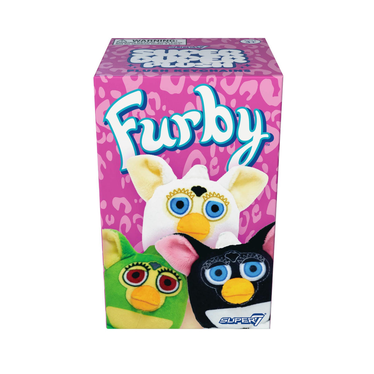 Pink Furby Super Duper Plush Blind Box Wave 01 packaging with a plush white Furby peeking from the bottom.