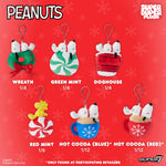 Peanuts Super Duper Plush holiday keychains: Wreath 1/4, Green Mint 1/4, Doghouse 1/4, Red Mint 1/6, Hot Cocoa Blue 1/12, Hot Cocoa Red 1/12, only at participating retailers
