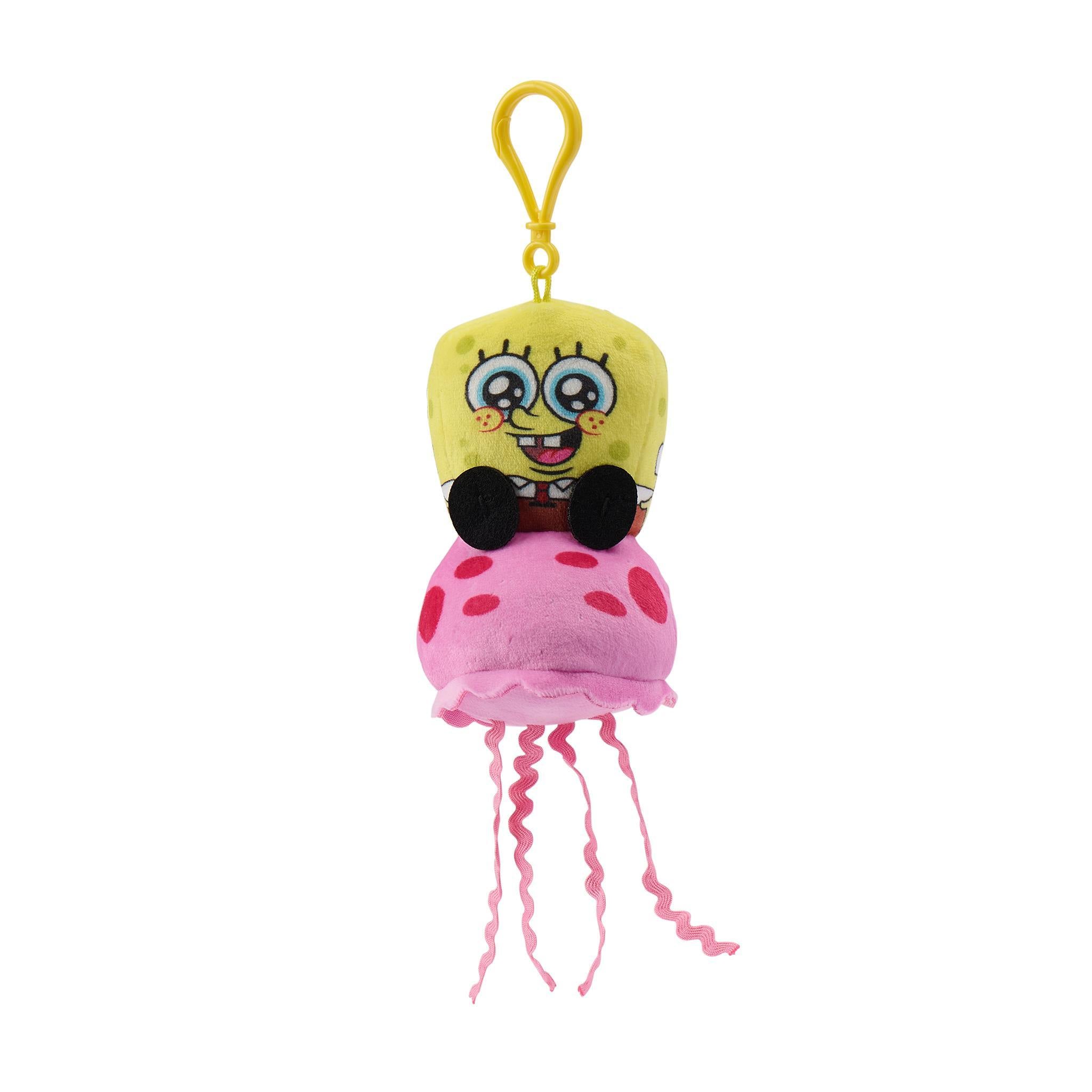SpongeBob SquarePants Super Duper Plush Keychain featuring SpongeBob riding a pink jellyfish