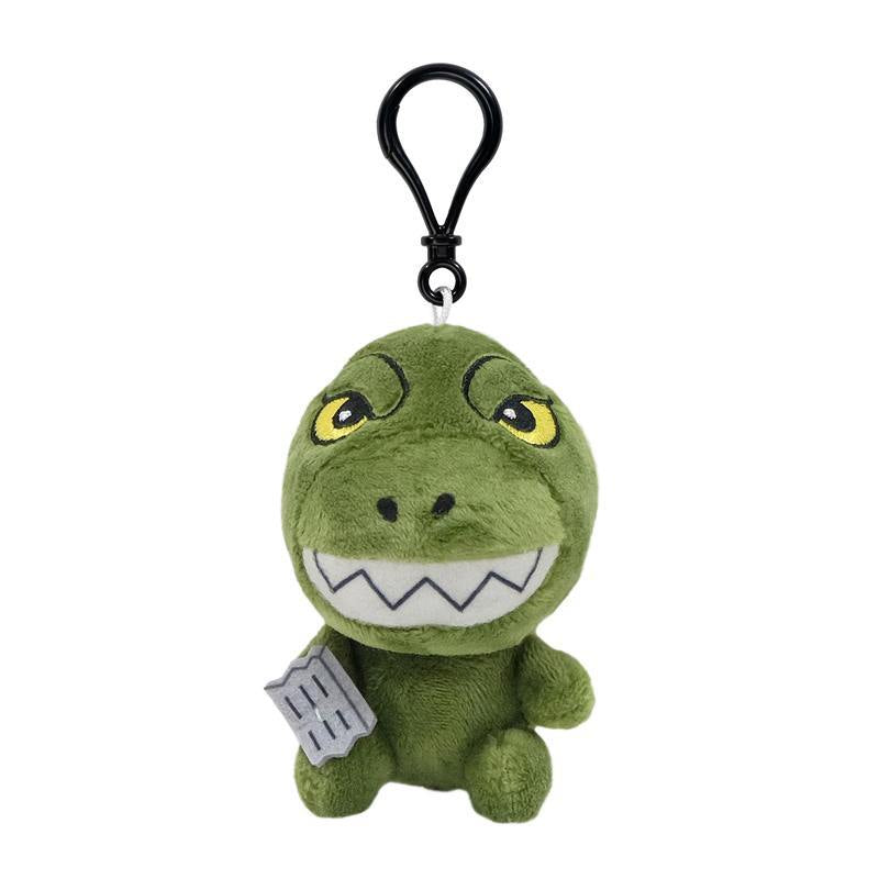 Green dinosaur plush keychain from Toho Super Duper Wave 01 with a black clip