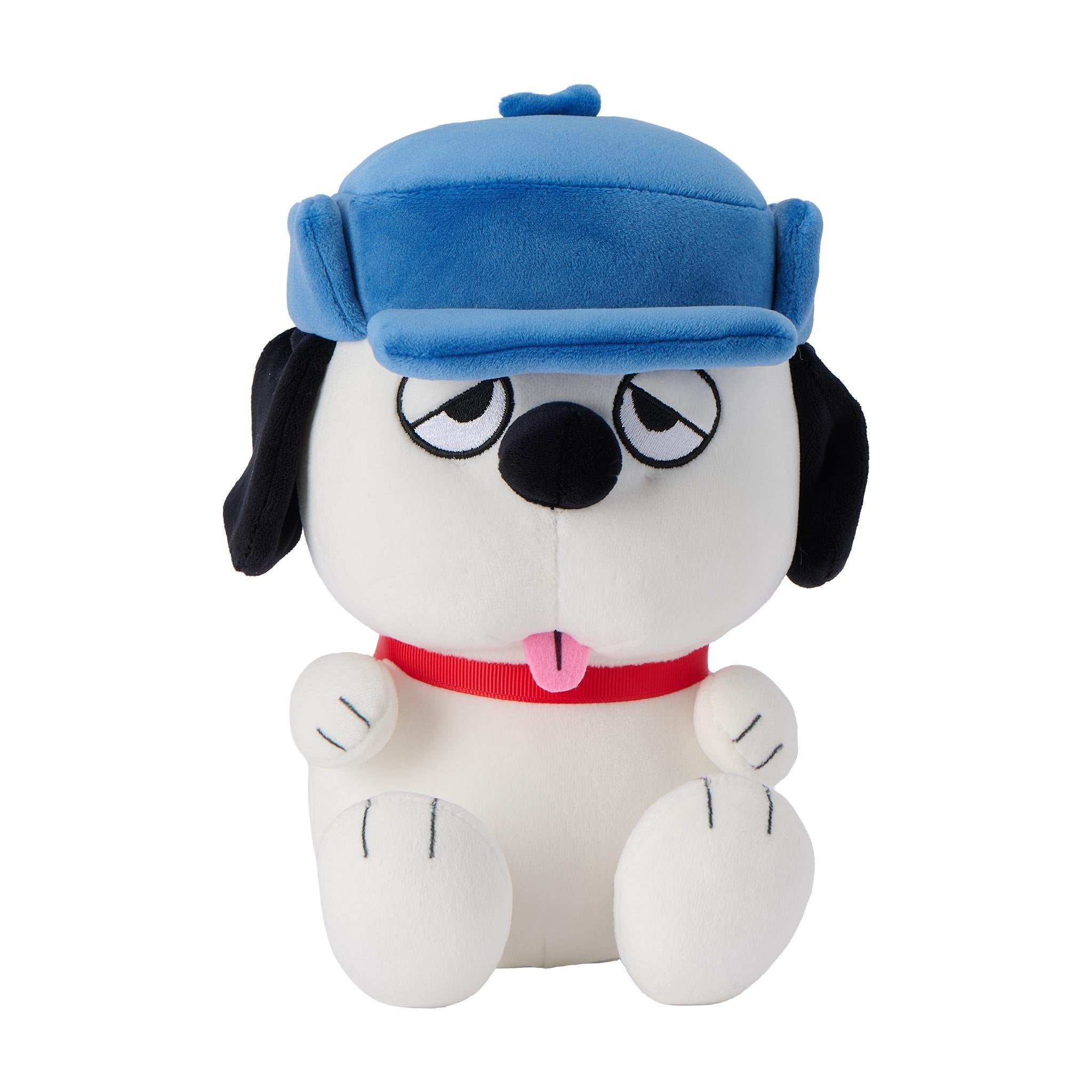 White Peanuts plush with a brown fluffy ear captured in a side profile.