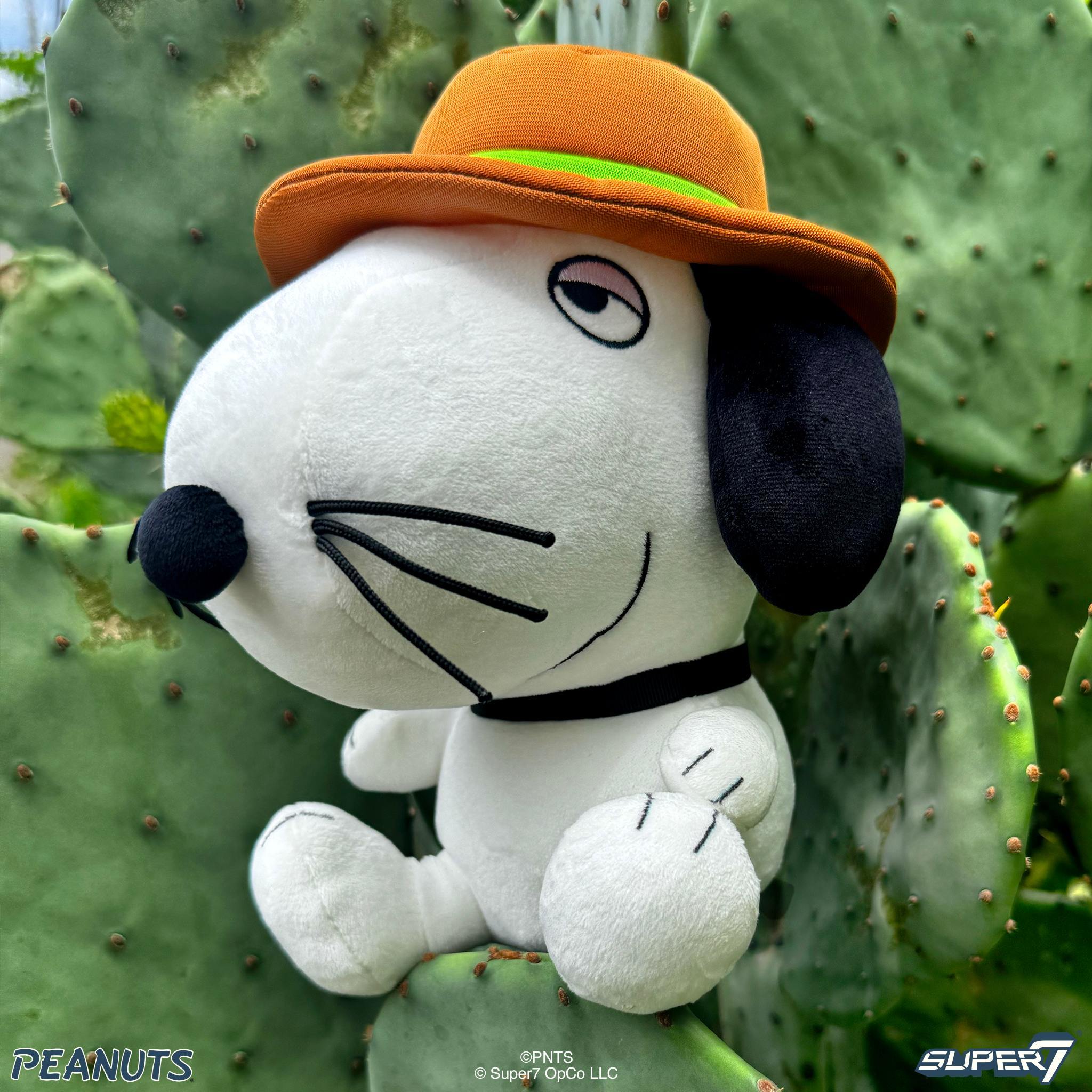 Peanuts Spike plush wearing an orange hat with a neon green band against a cactus background