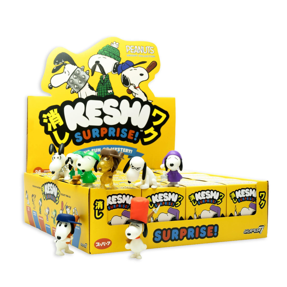 Bright yellow Peanuts Keshi Wave 03 blind box display with Snoopy characters and mini figures on top.
