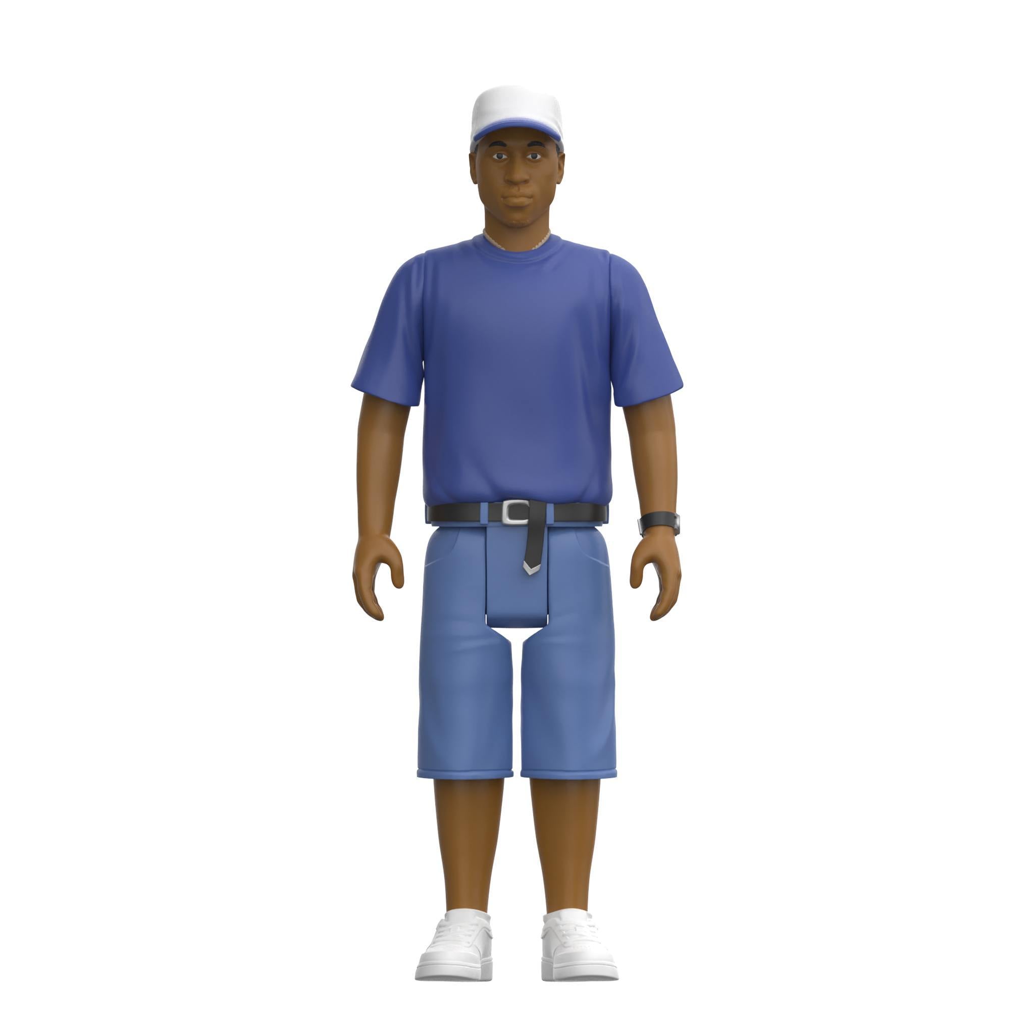 Tribe Called Quest Wave 2 Ali ReAction Figure in blue t-shirt, shorts, and white cap on white background