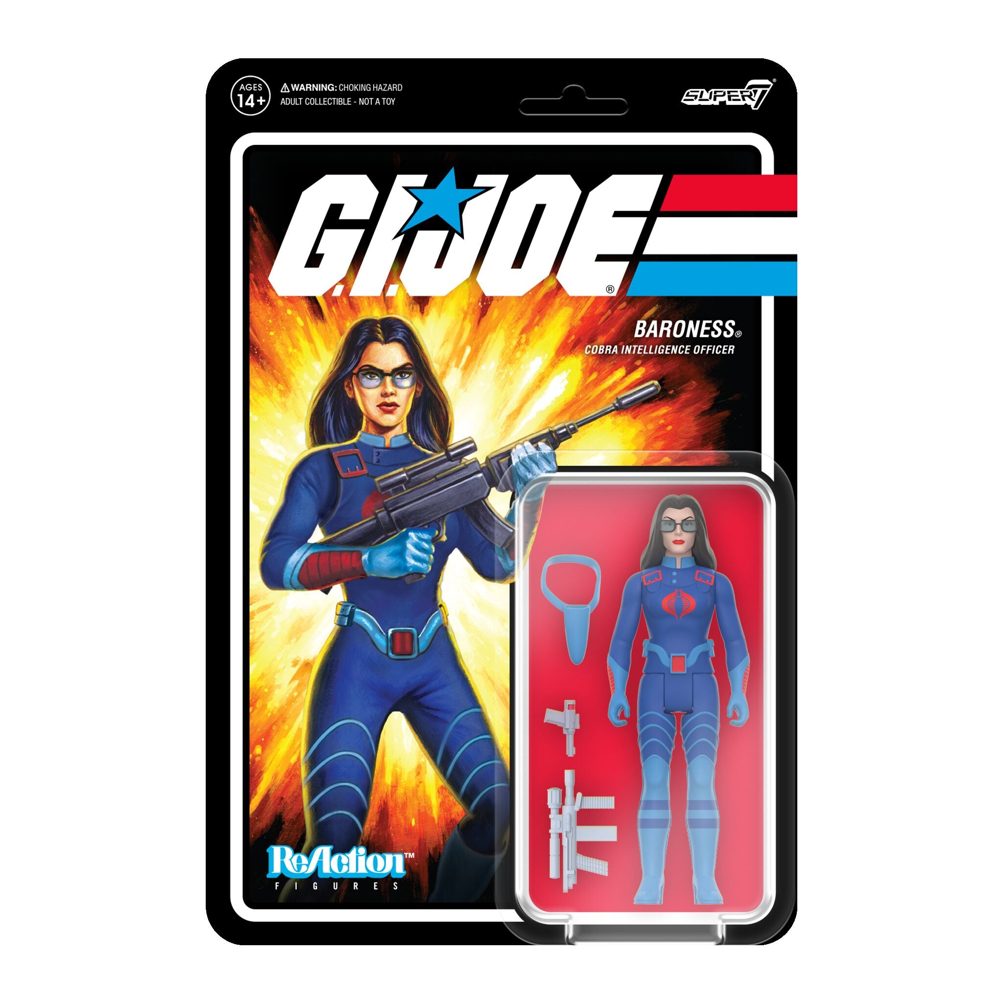 Baroness figure from GI Joe ReAction Wave 7 in blue uniform with retro packaging
