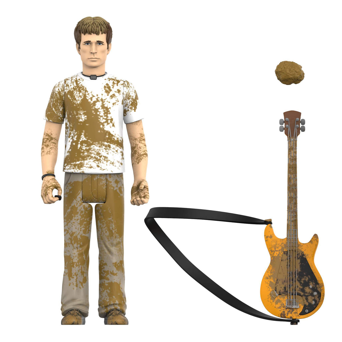 Mud splattered Green Day ReAction Wave 01 figure wearing a white shirt and tan pants with an orange electric guitar nearby.