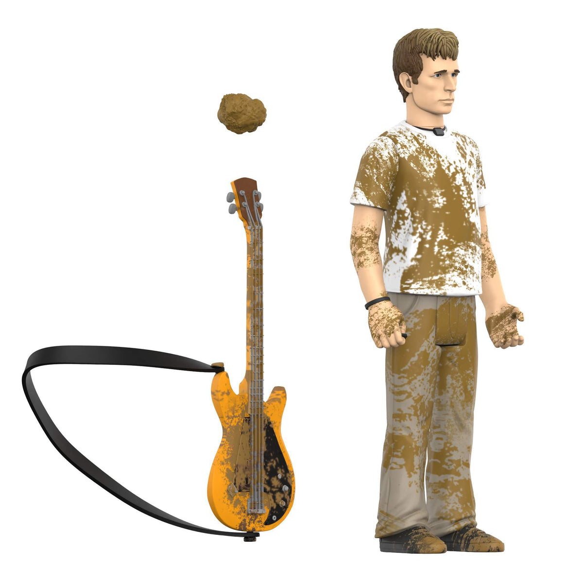 Mud Fight packaging art for Green Day ReAction Wave 01 with a blue haired figure in muddy clothes a guitar and a muddy brown backdrop.