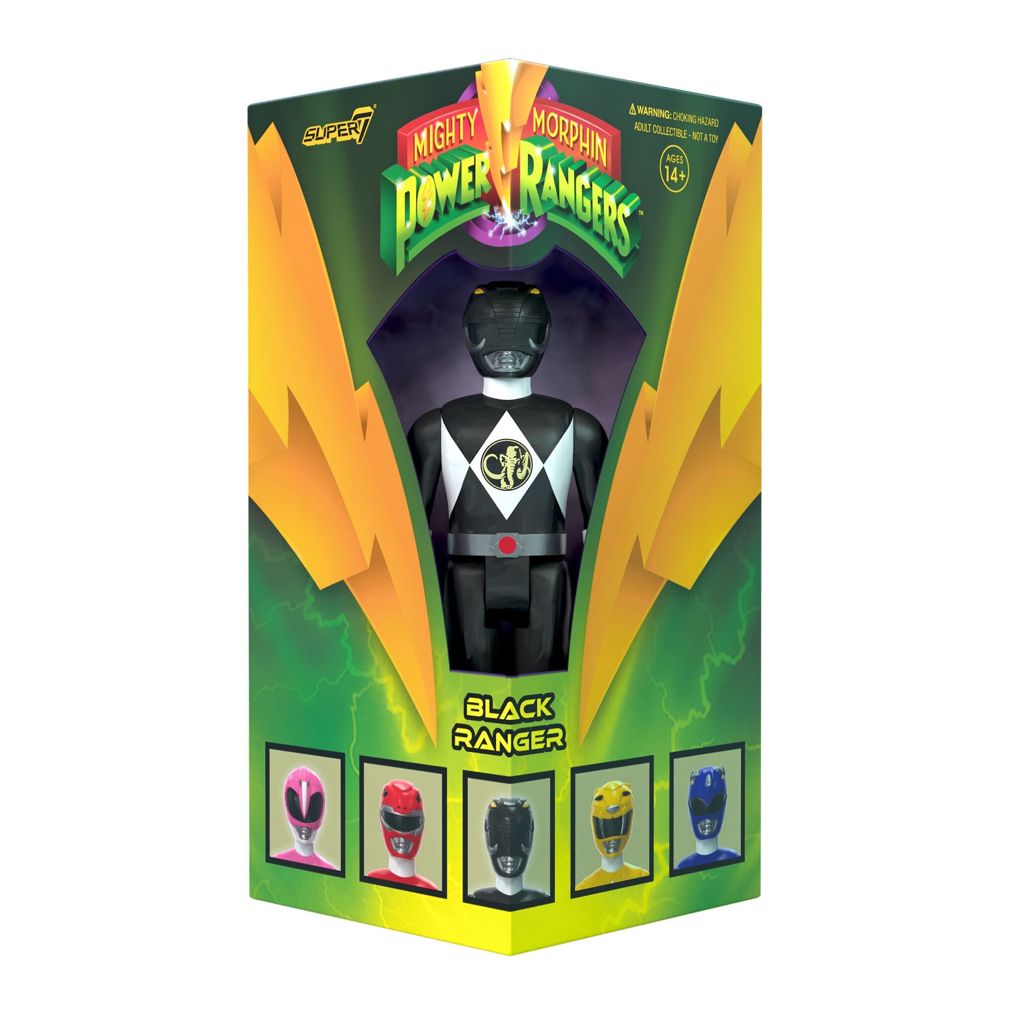 Angled view of Mighty Morphin Power Rangers triangle box with colorful logo on front.
