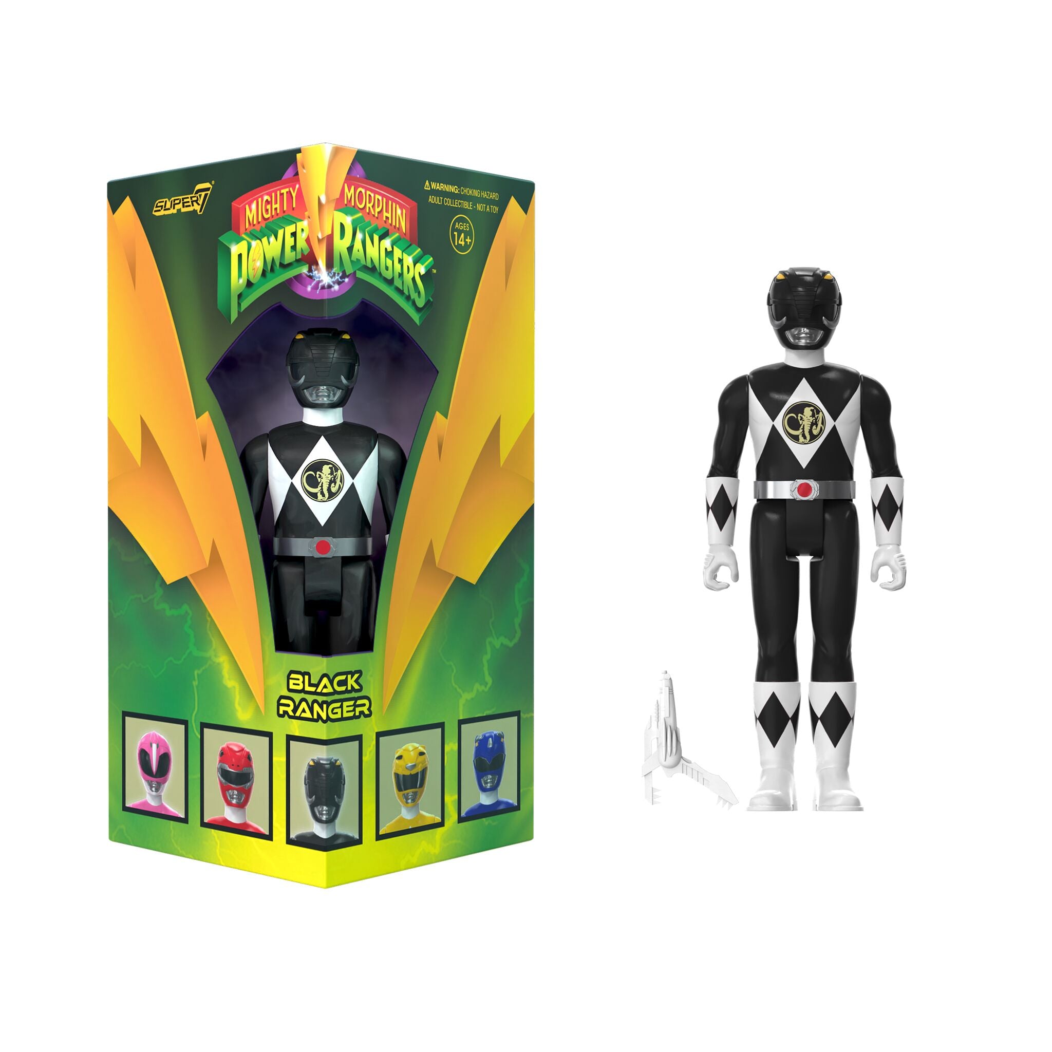Black Ranger action figure displayed in triangular window box packaging for SDCC 2023 Mighty Morphin Power Rangers.