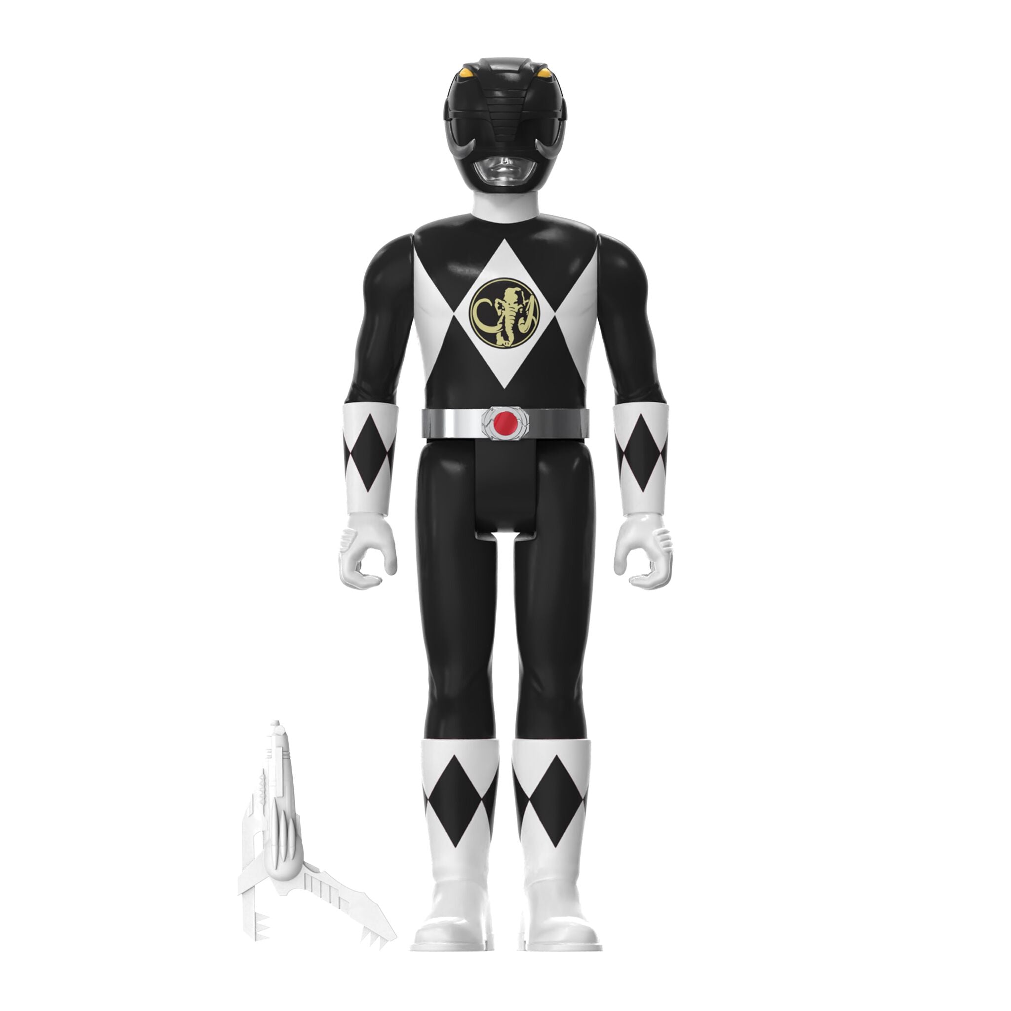 Black Ranger action figure with white gloves and boots, black and white diamond pattern on forearms and shins
