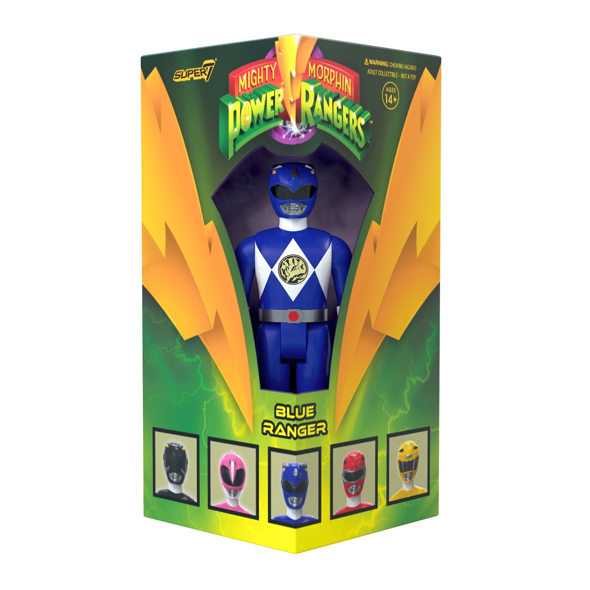 Triangle box packaging for Mighty Morphin Power Rangers ReAction Blue Ranger SDCC 2023 with figure visible inside
