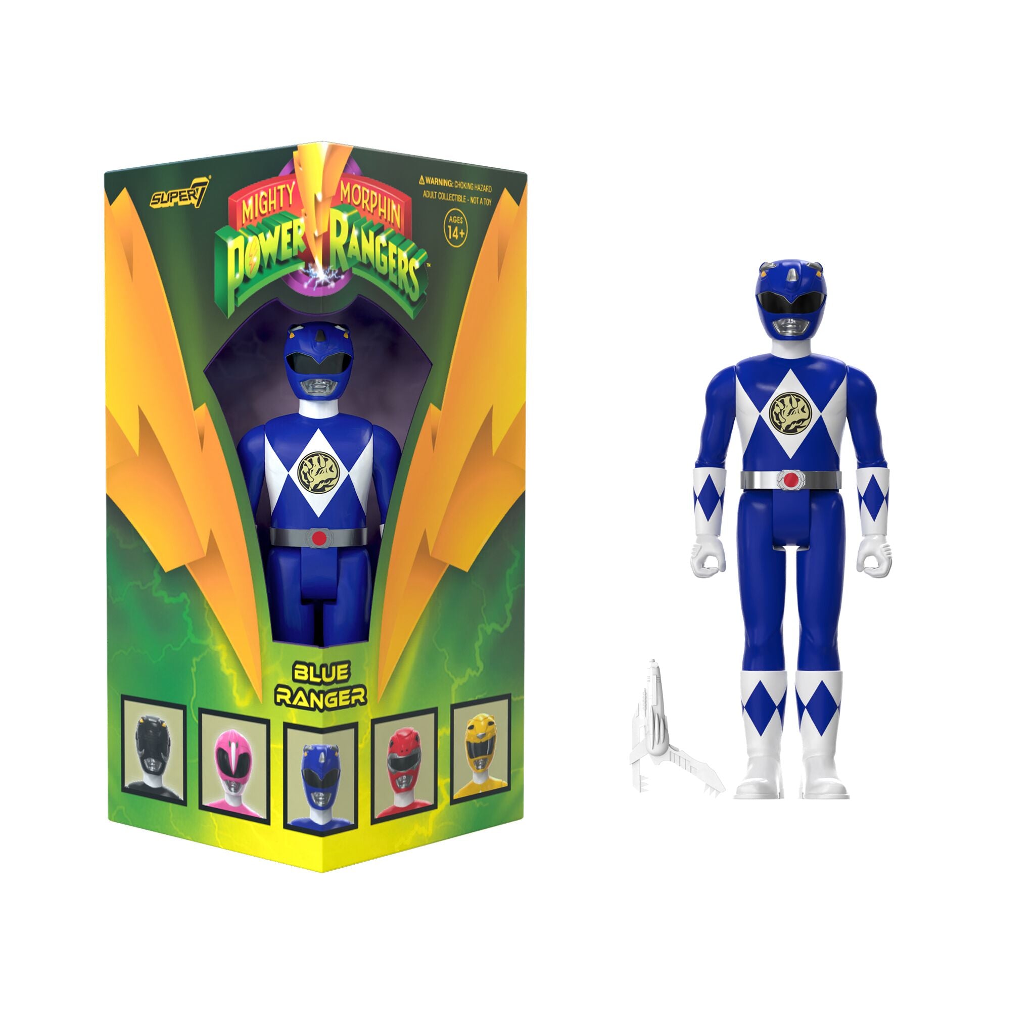 Blue Ranger action figure with Mighty Morphin Power Rangers triangle box packaging from SDCC 2023