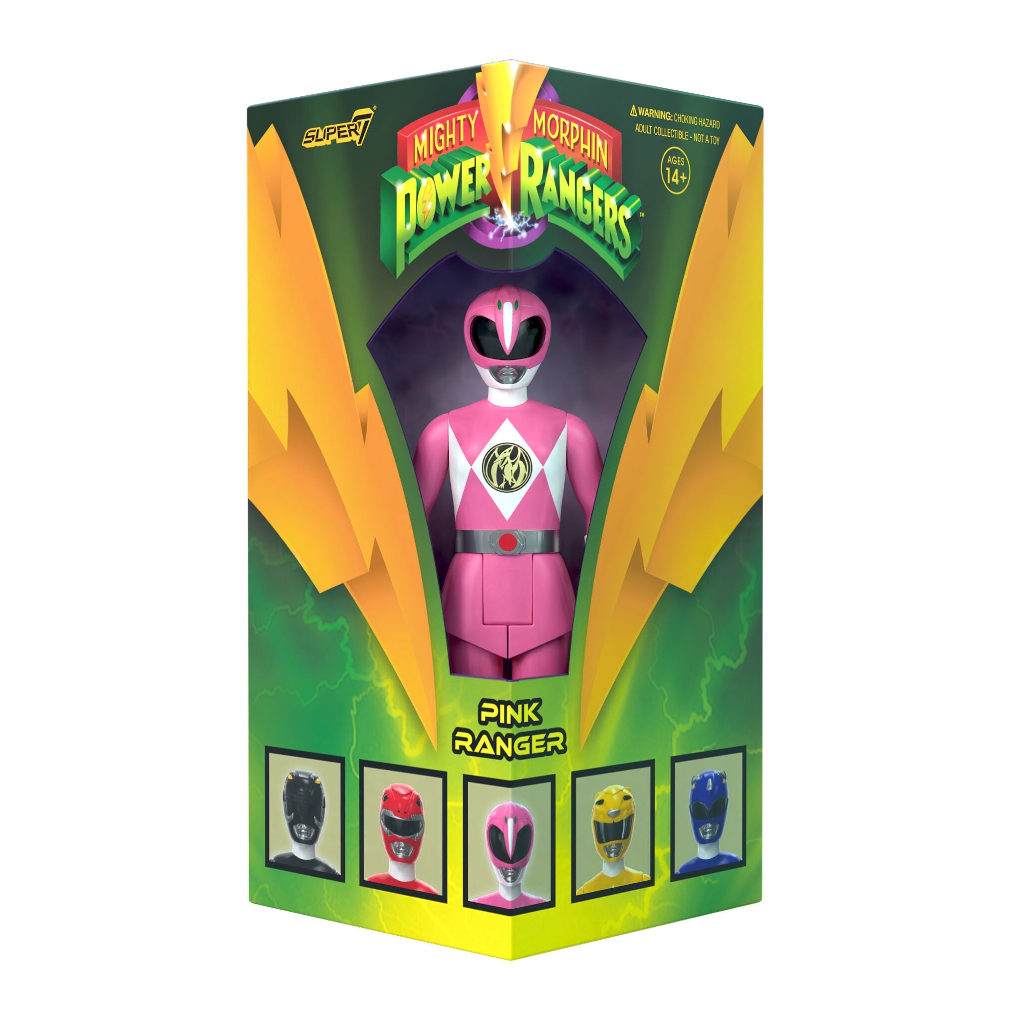 Triangle box packaging showing Pink Ranger figure with helmet portraits along the bottom
