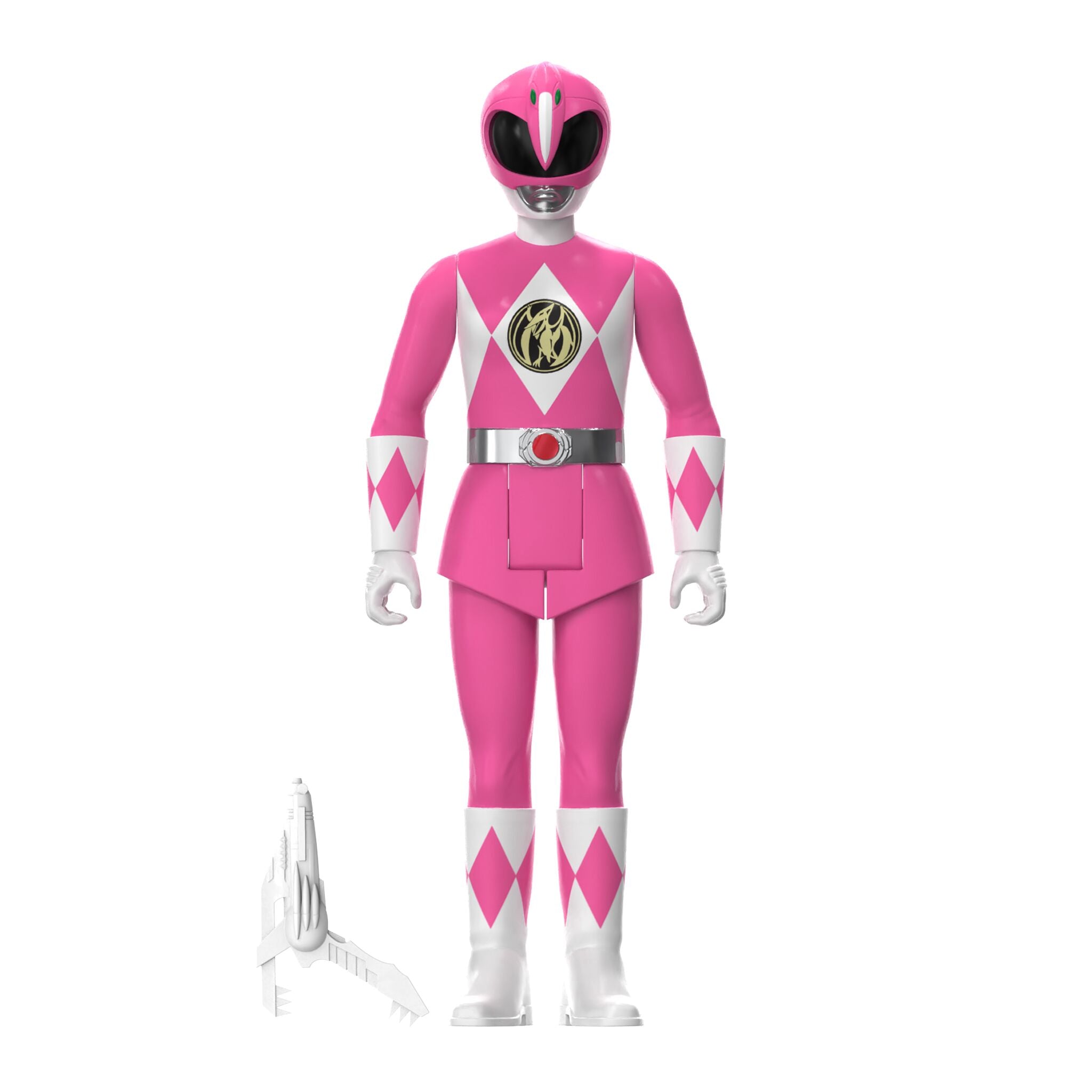 Full length Pink Ranger action figure in pink suit with white diamond chest emblem and silver belt