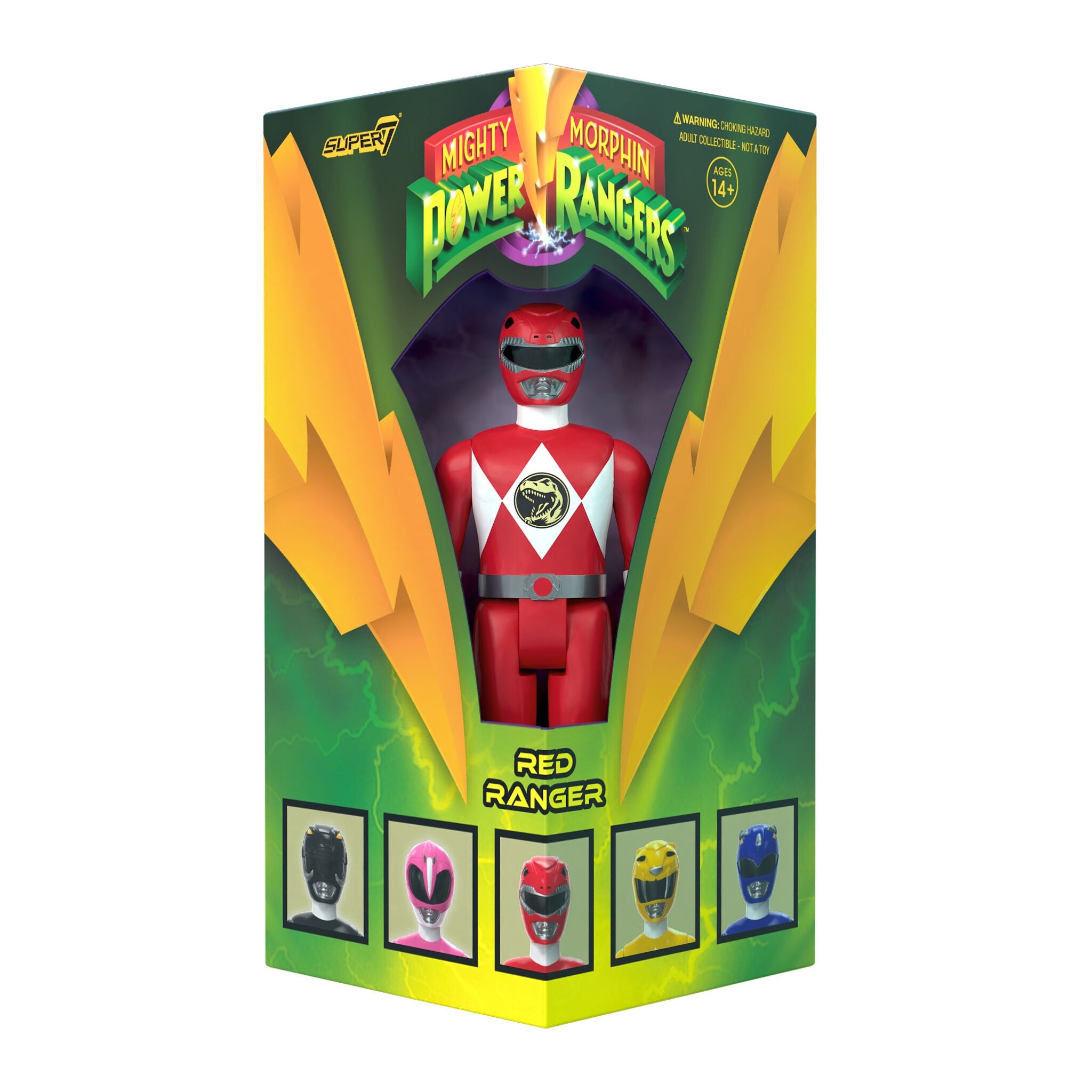 Front view of the Mighty Morphin Power Rangers ReAction SDCC 2023 Red Ranger box with helmet portraits.