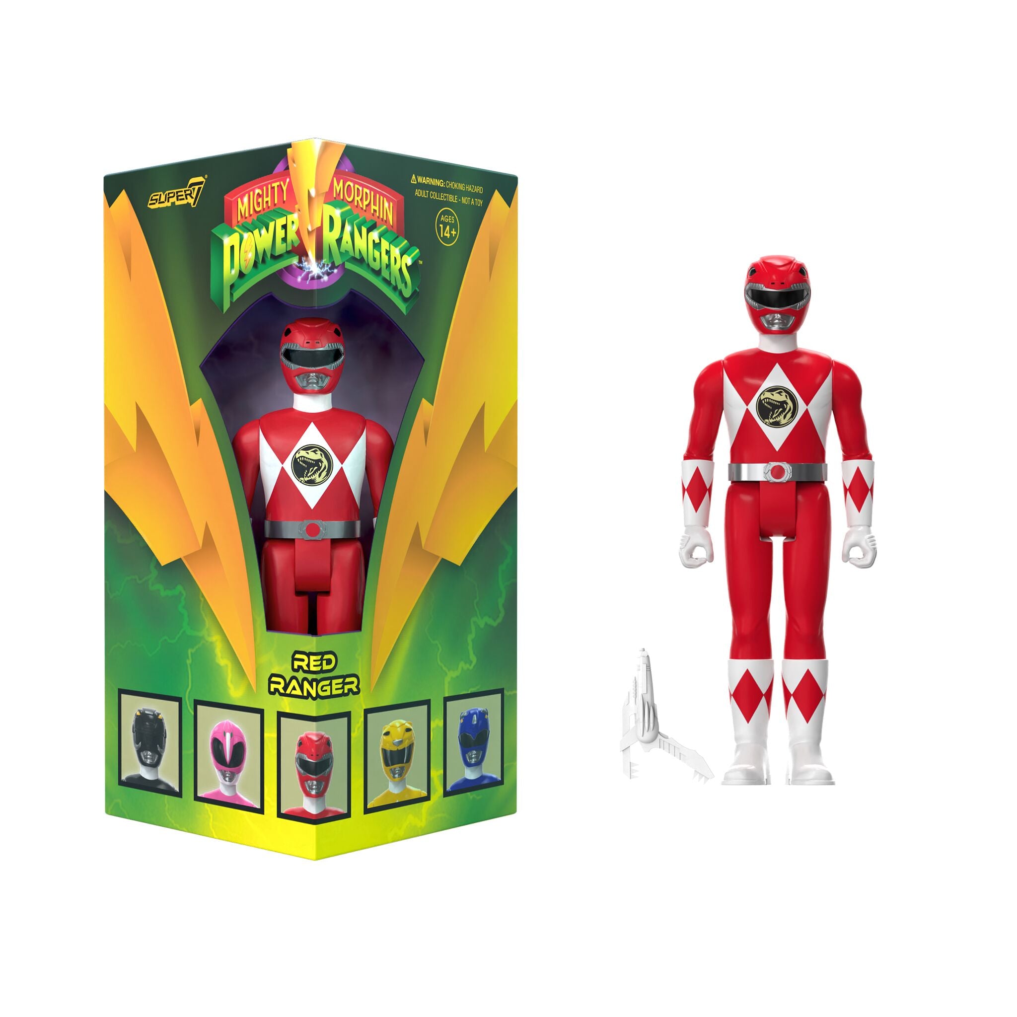 Mighty Morphin Power Rangers ReAction SDCC 2023 Red Ranger triangle box with figure inside.